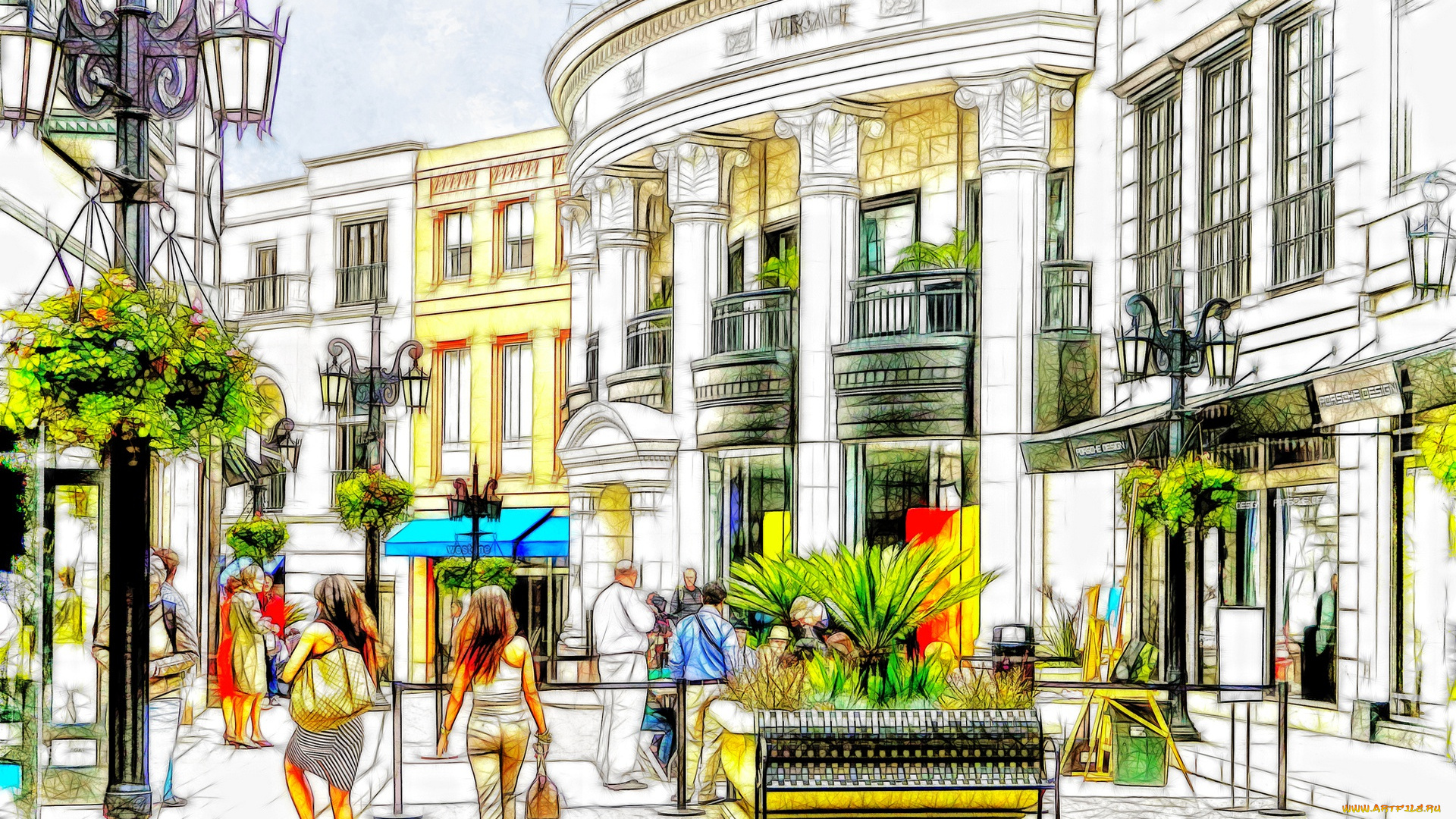 рисованное, города, штрих, город, дома, улица, люди