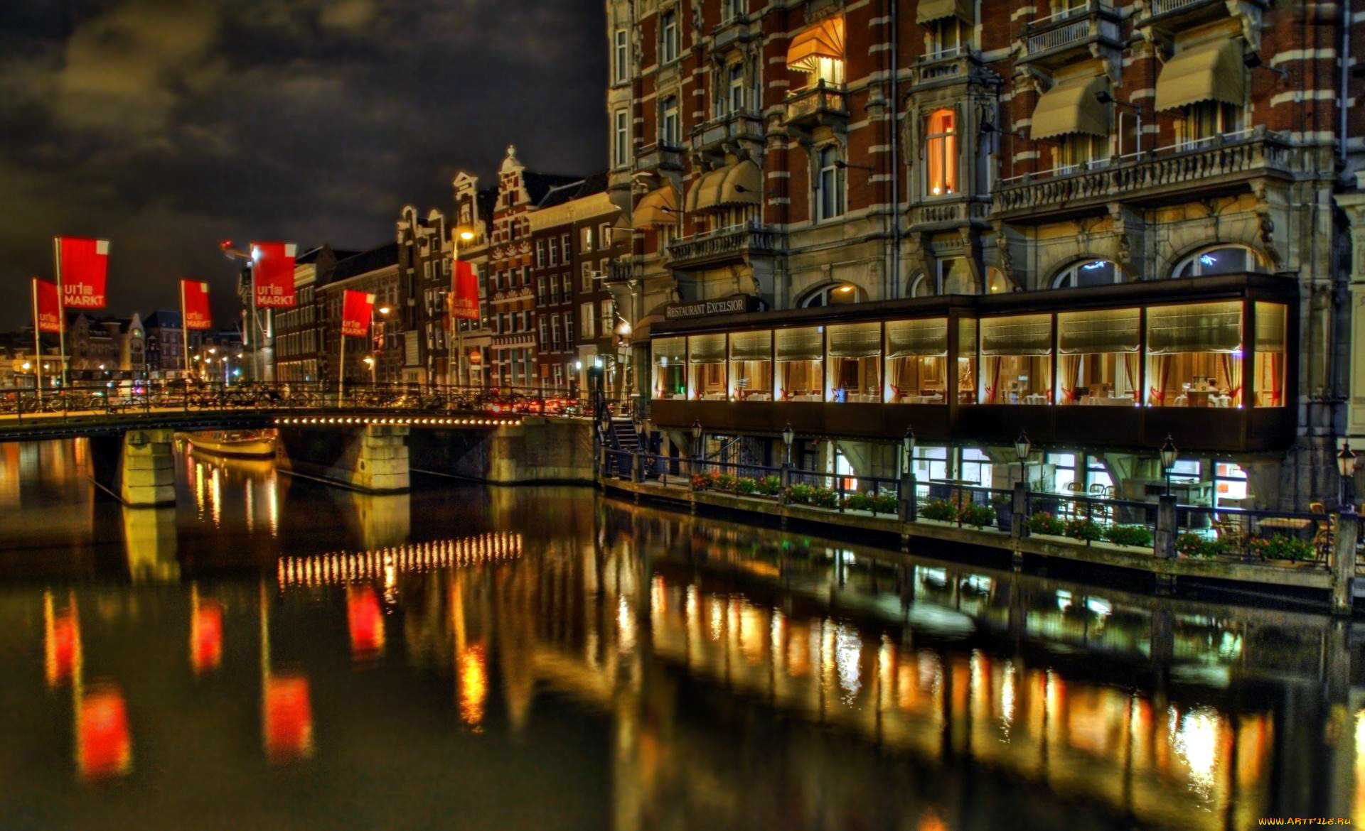города, амстердам, , нидерланды, канал, ночь