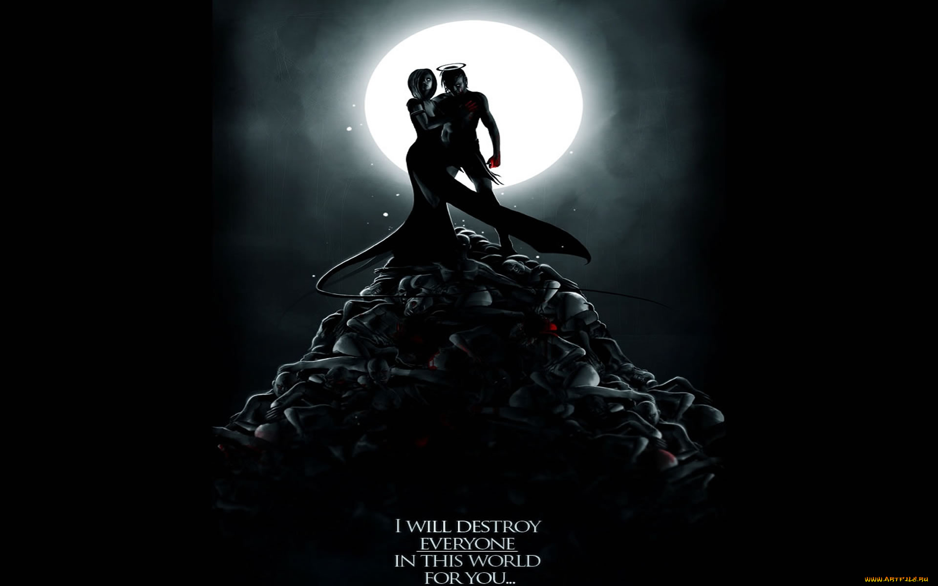 фэнтези, нежить, парень, нимб, луна, гора, трупы, девушка