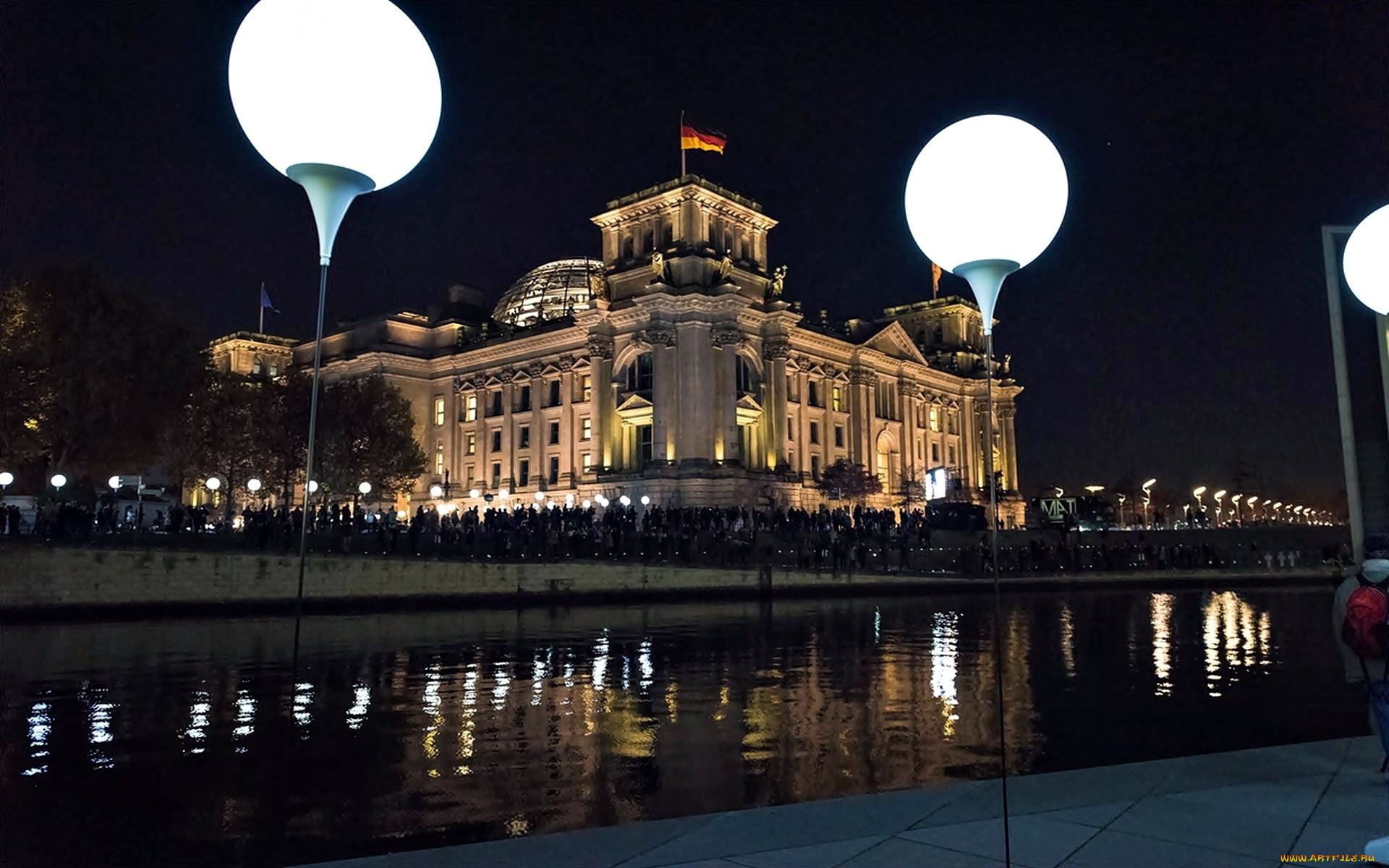 города, берлин, , германия, вечер, флаг, фонари, река