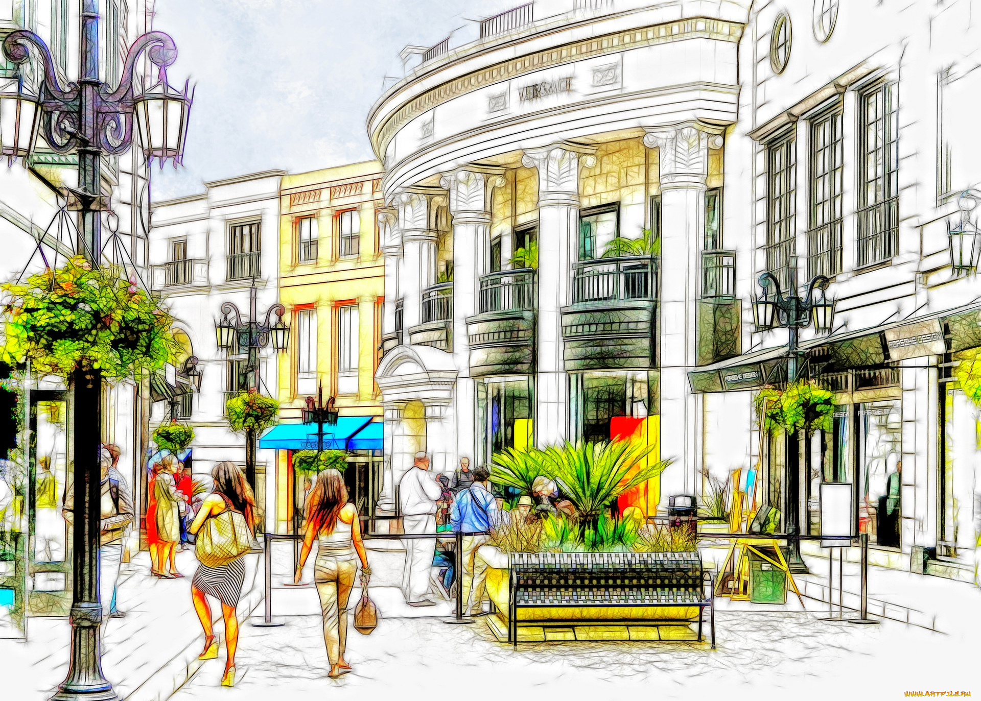 рисованное, города, штрих, город, дома, улица, люди