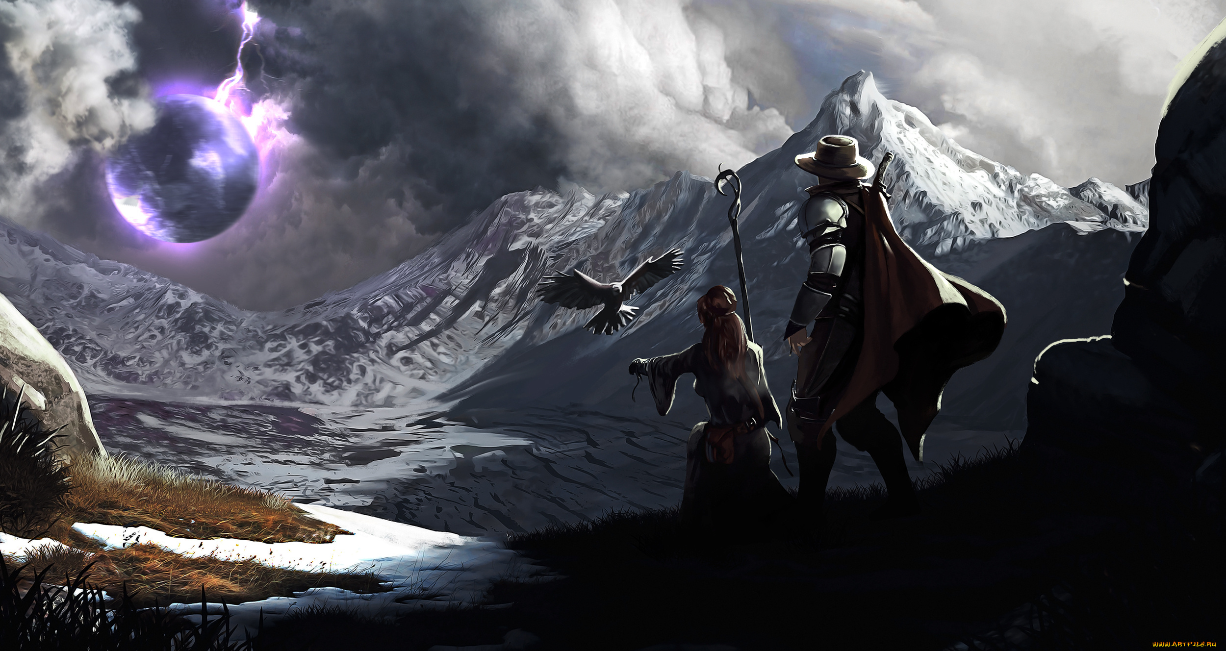 фэнтези, люди, сфера, мужчина, женщина, орел, птица, горы, пейзаж, небо