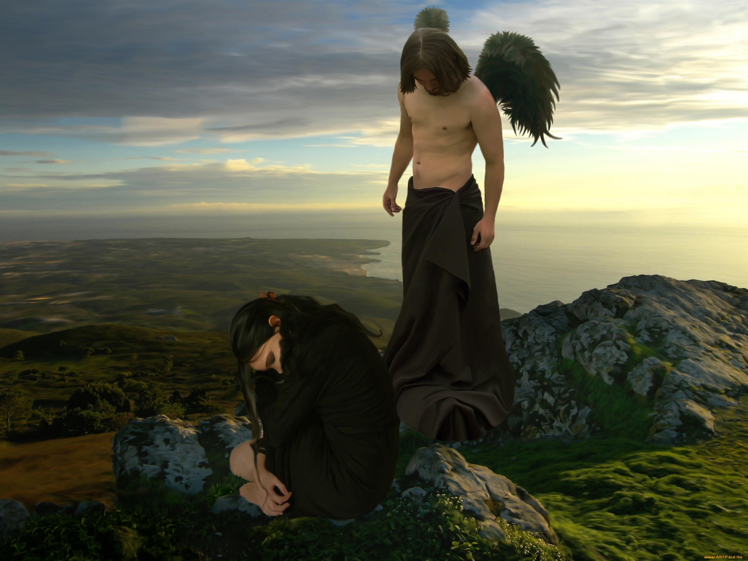 фэнтези, фотоарт, девушка, мужчина, фон, крылья, море