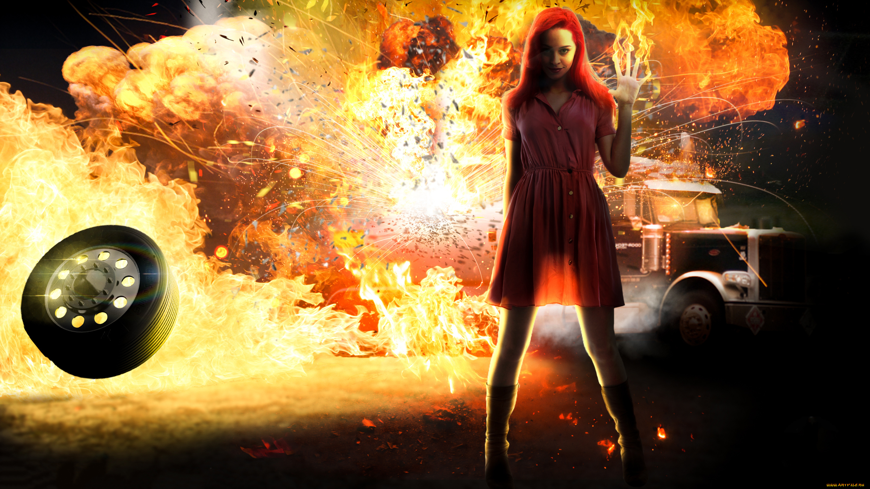 фэнтези, фотоарт, девушка, фон, взгляд, грузовик, огонь, колесо