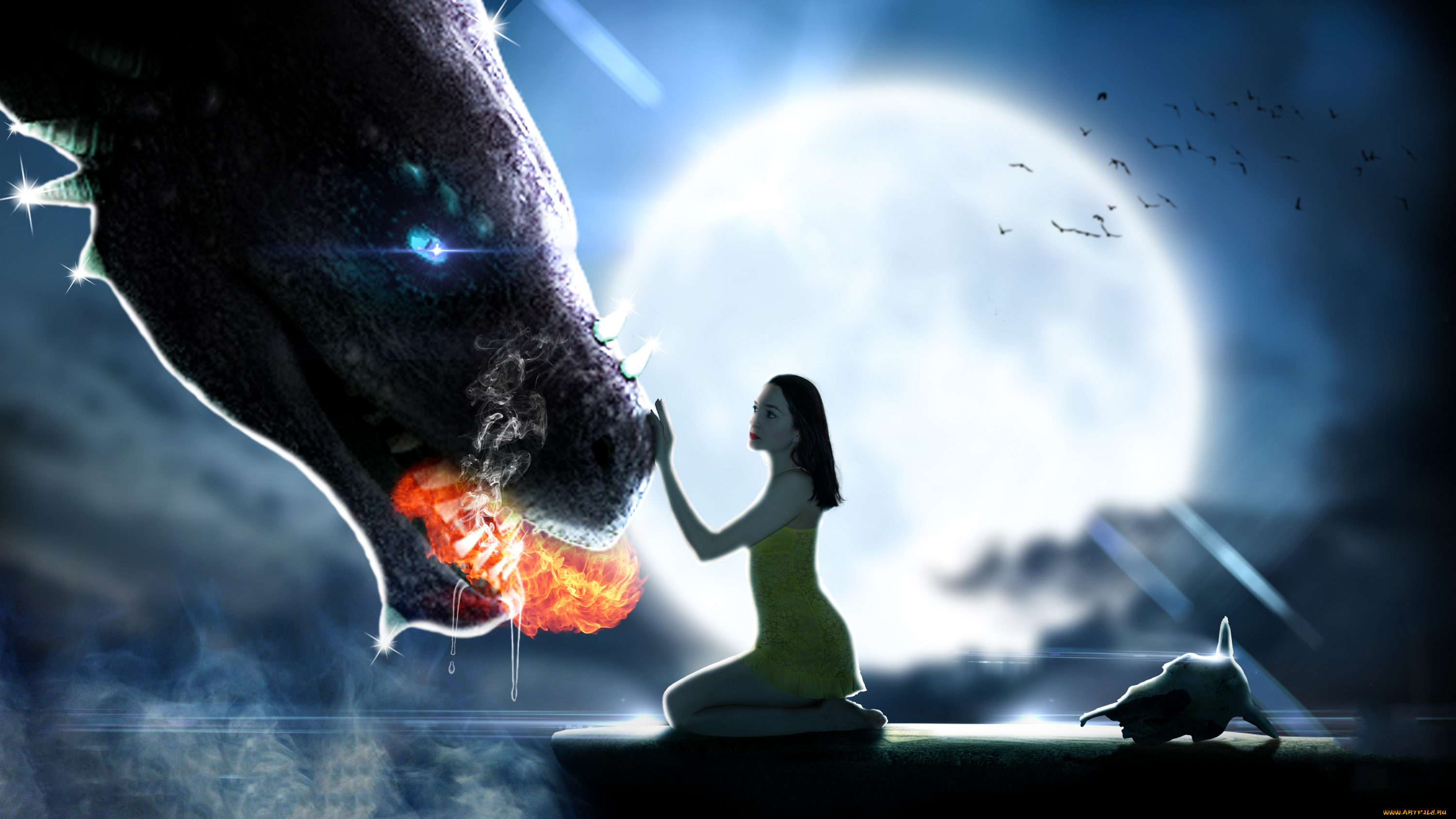 фэнтези, красавицы, и, чудовища, девушка, луна, дракон, фон