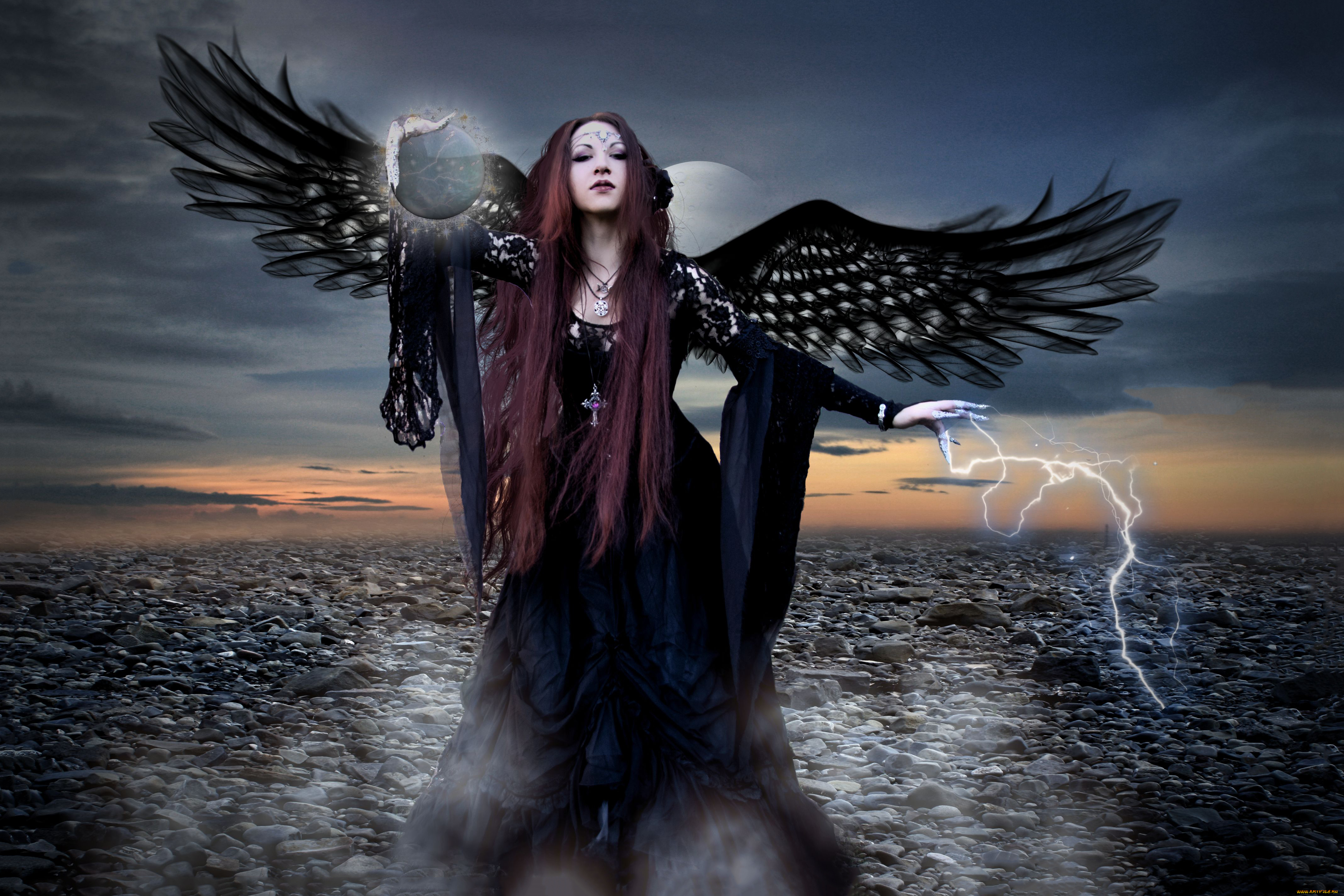 фэнтези, фотоарт, девушка, фон, взгляд, крылья, молния