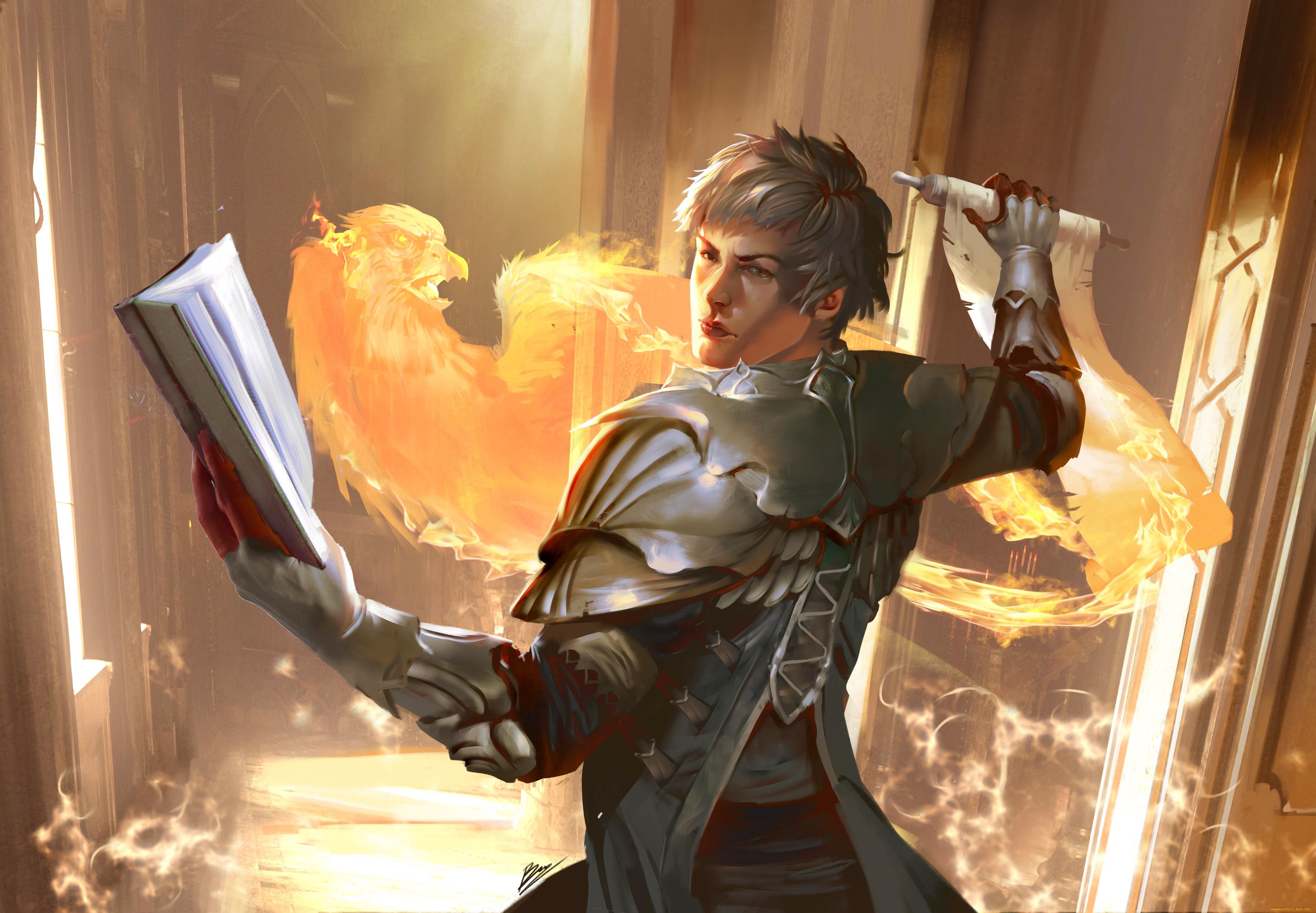 фэнтези, маги, , волшебники, феникс, свиток, мужчина, книга, маг, магия, огонь