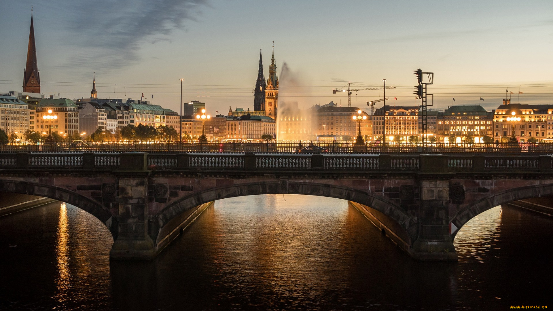 гамбург, германия, города, гамбург, , городской, пейзаж, вечер, городские, огни, мост