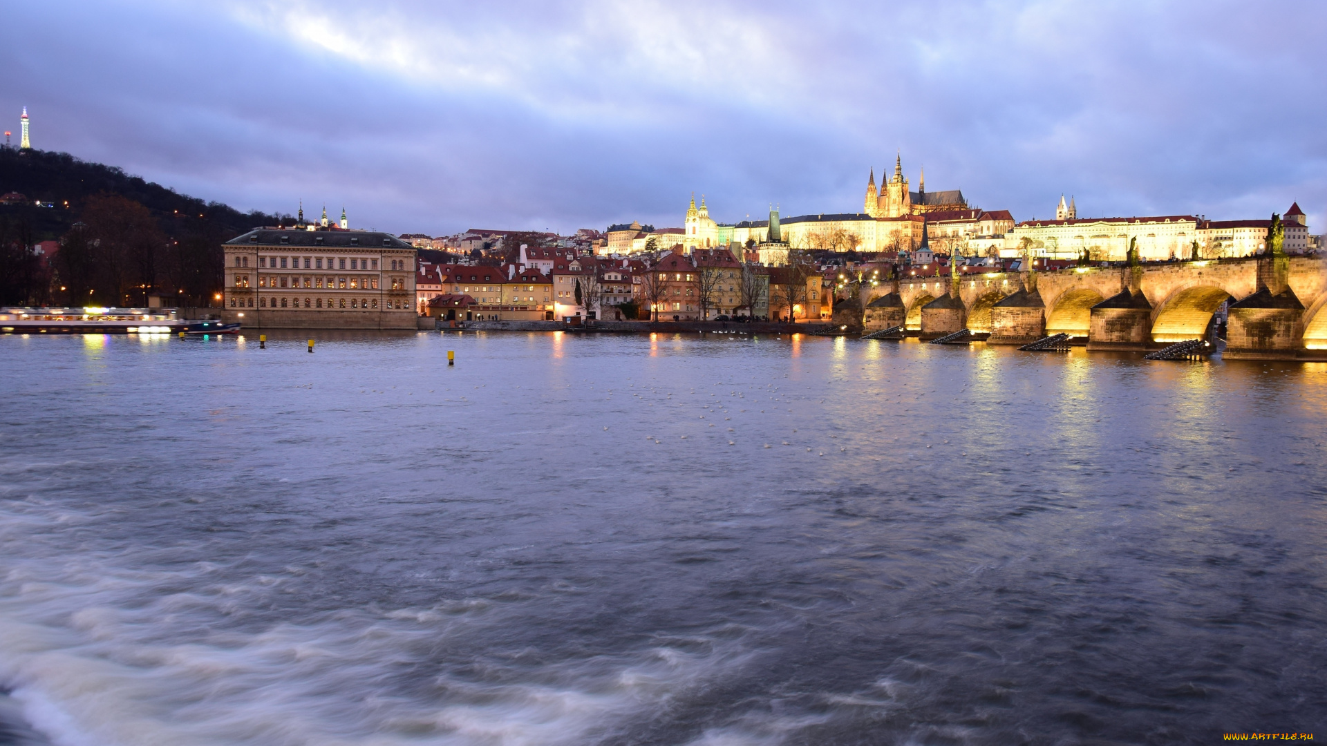 города, прага, , Чехия, река, освещение, здания, мост