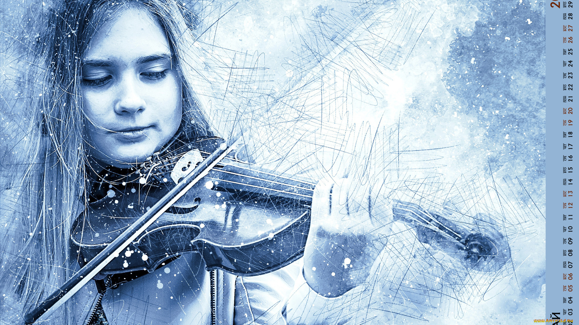 календари, компьютерный, дизайн, девочка, лицо, скрипка