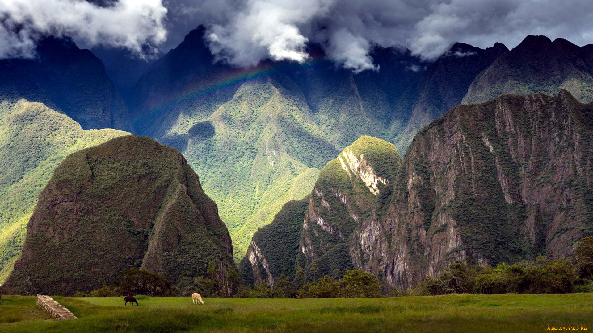 природа, горы, облака, радуга