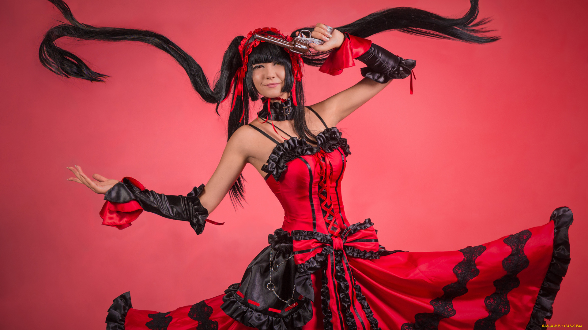 разное, cosplay, , косплей, платье, револьвер, улыбка, фон, девушка