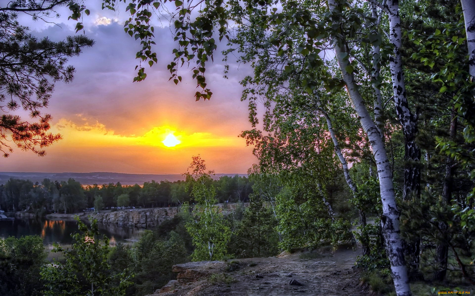 природа, восходы, закаты, озеро, березы, закат