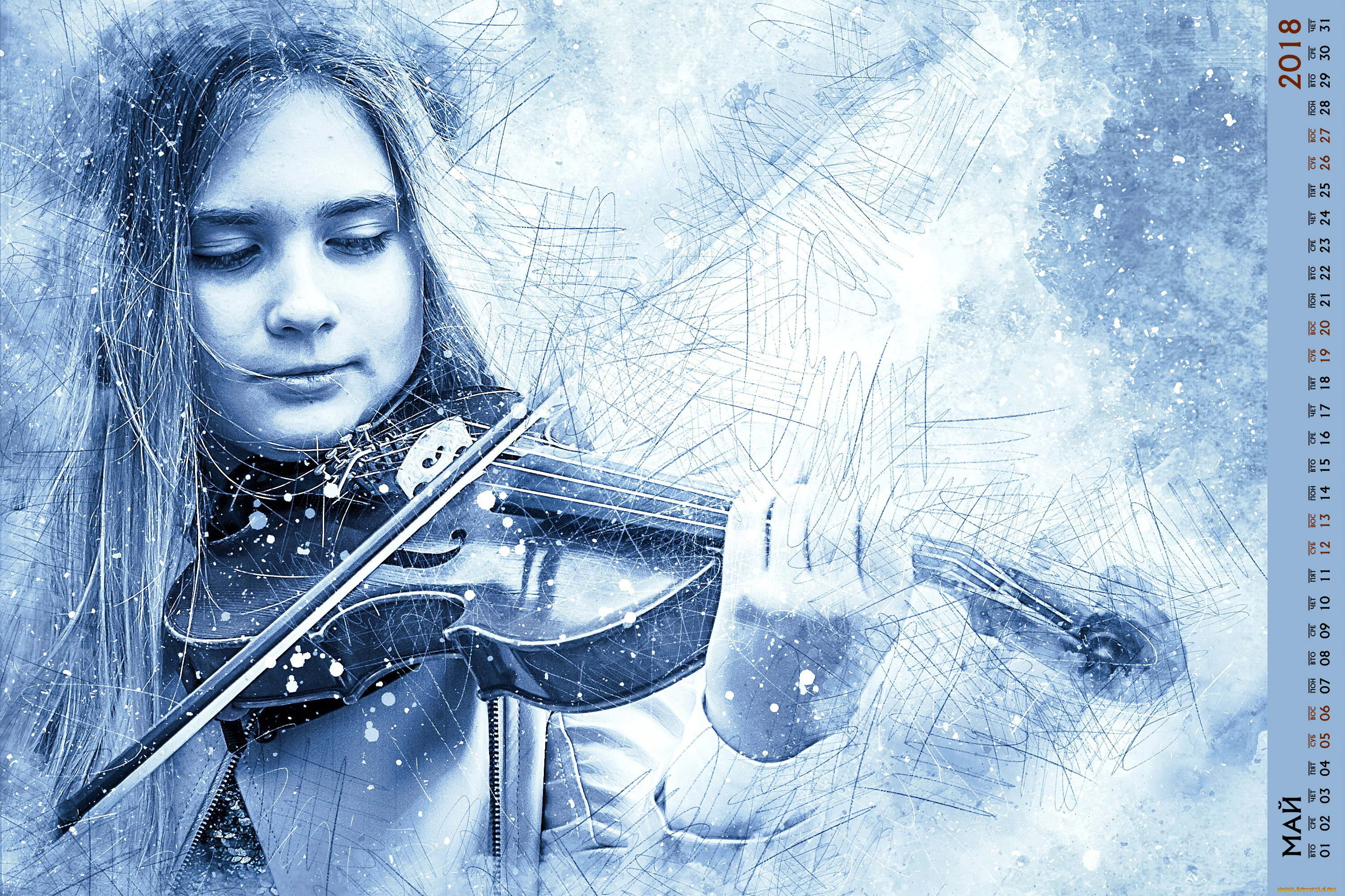 календари, компьютерный, дизайн, девочка, лицо, скрипка