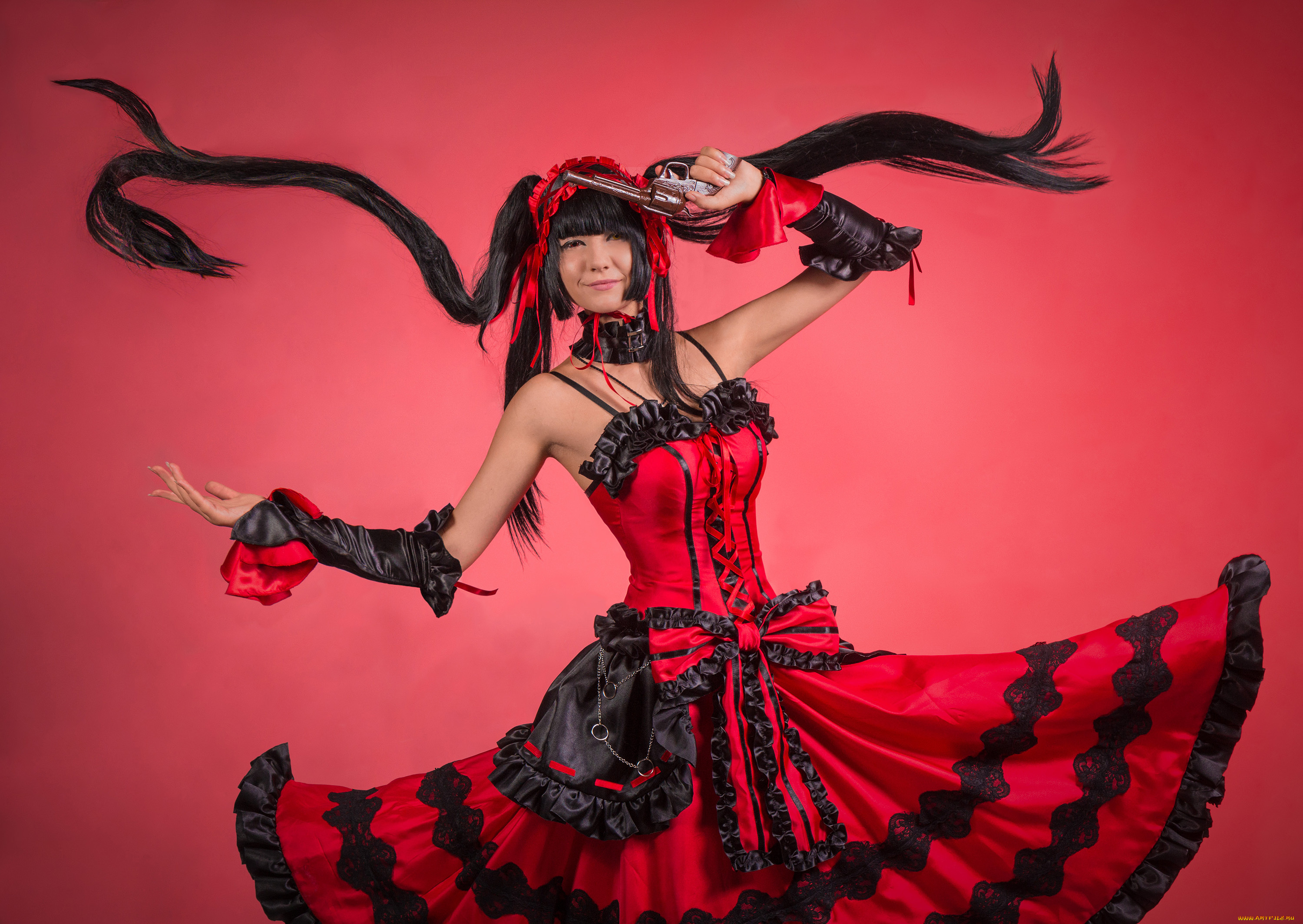 разное, cosplay, , косплей, платье, револьвер, улыбка, фон, девушка