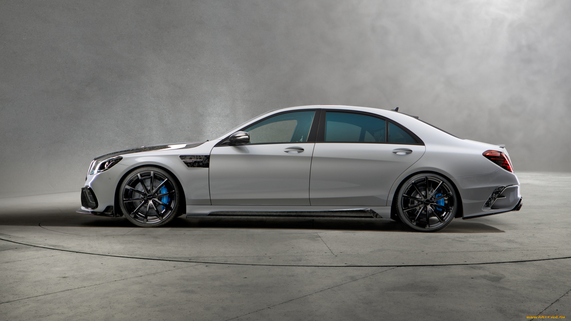 автомобили, mercedes-benz, мercedes, benz, s-class, w222, вид, сбоку, тюнинг, mansory, signature, edition, седан, премиум, класс, новый, серый, черные, колеса, синие, калиперы