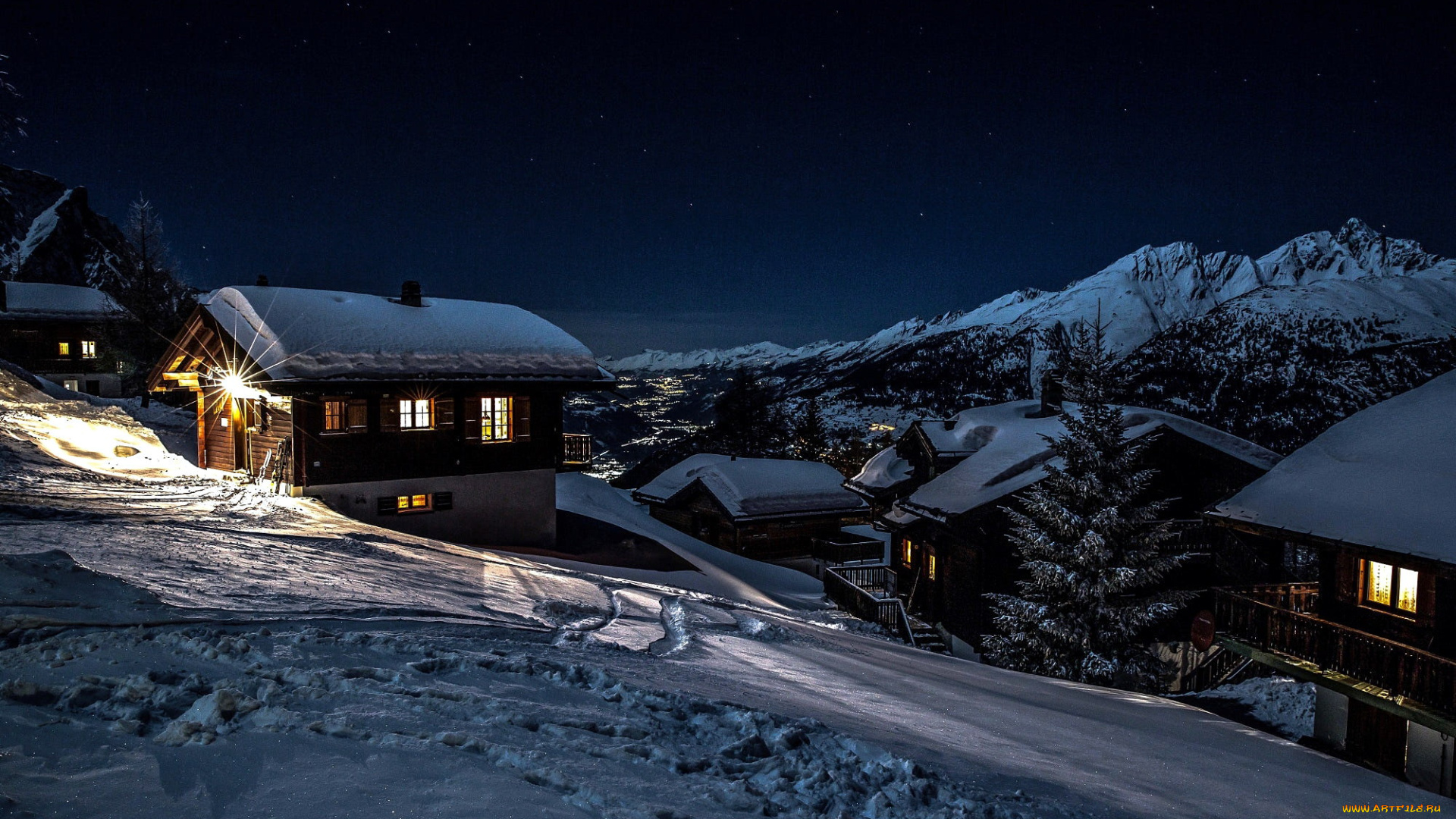 города, -, огни, ночного, города, горы, зима, снег, вечер, огни