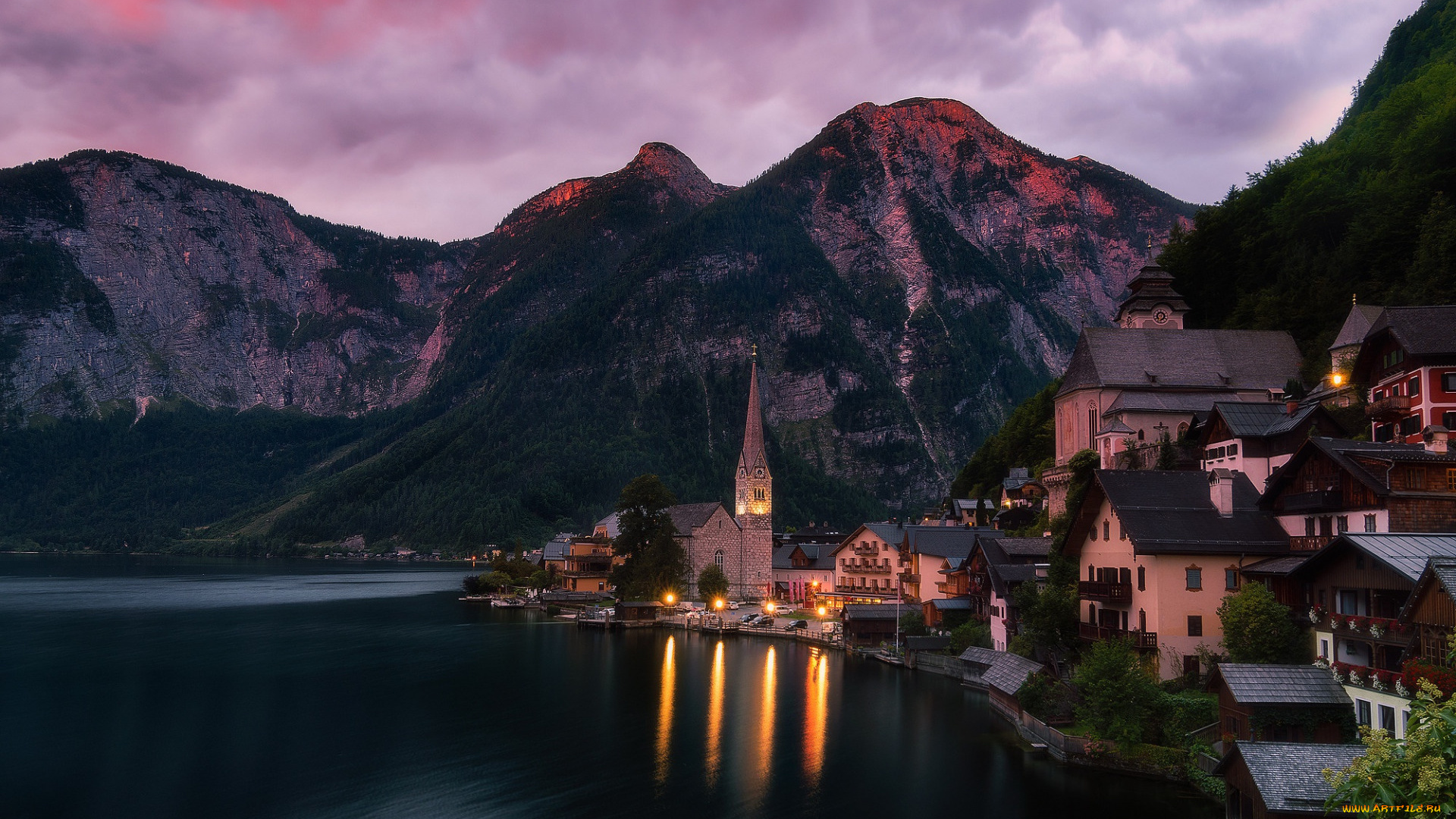 города, гальштат, , австрия, горы, озеро, ночь, огни