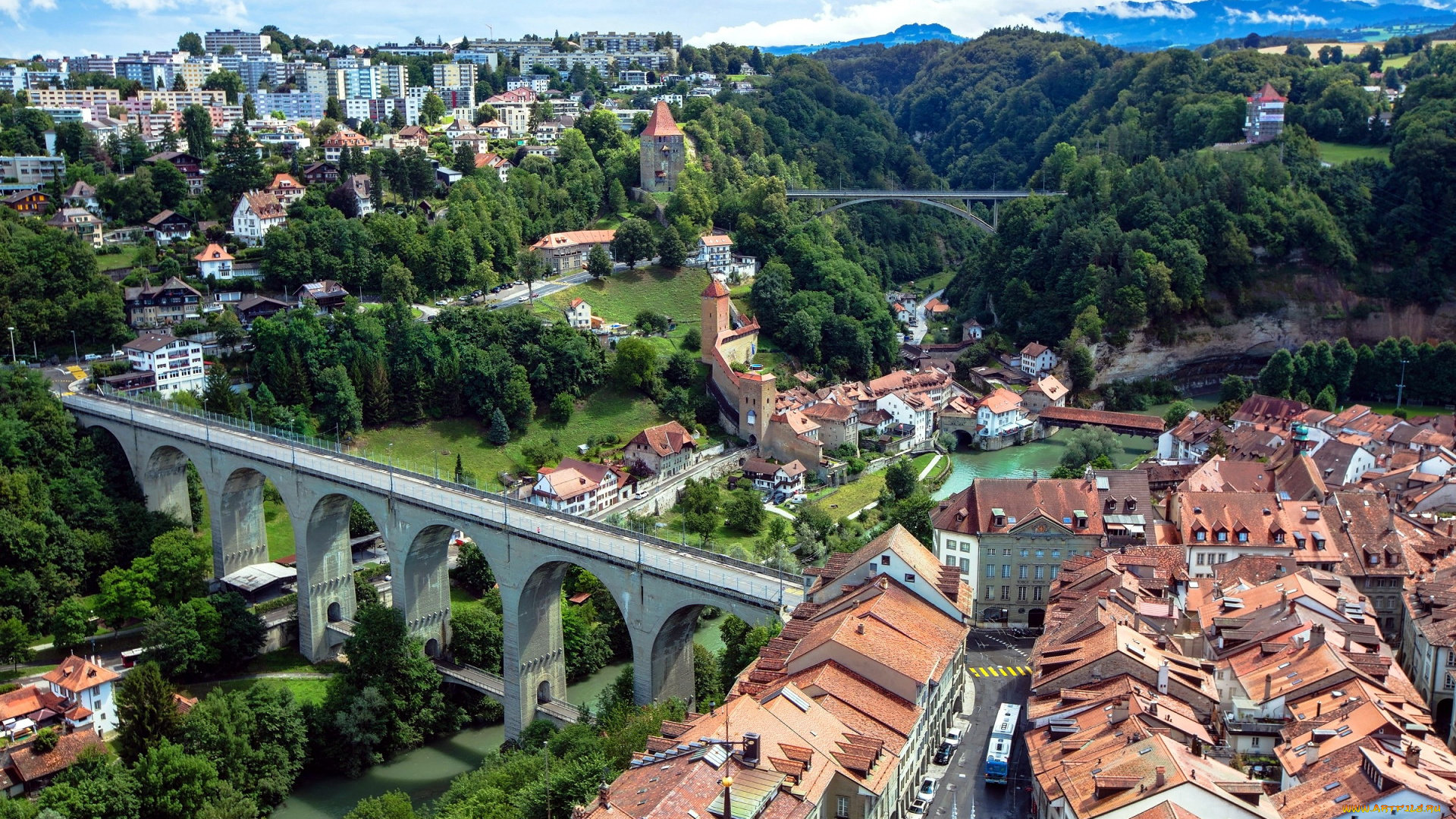switzerland, , fribourg, города, -, панорамы, горы, река, мосты, дома