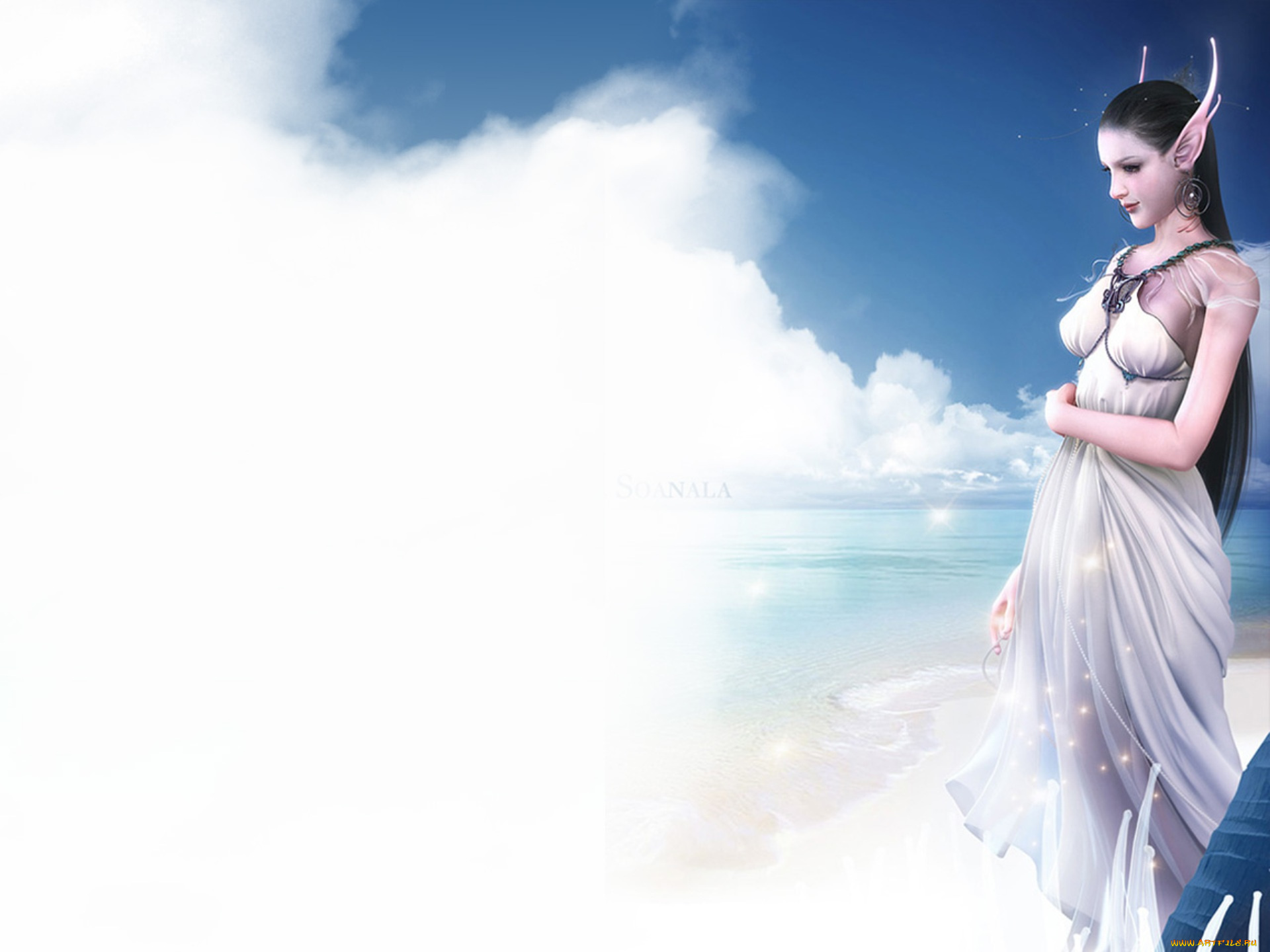 фэнтези, эльфы, девушка, эльф, море, облака