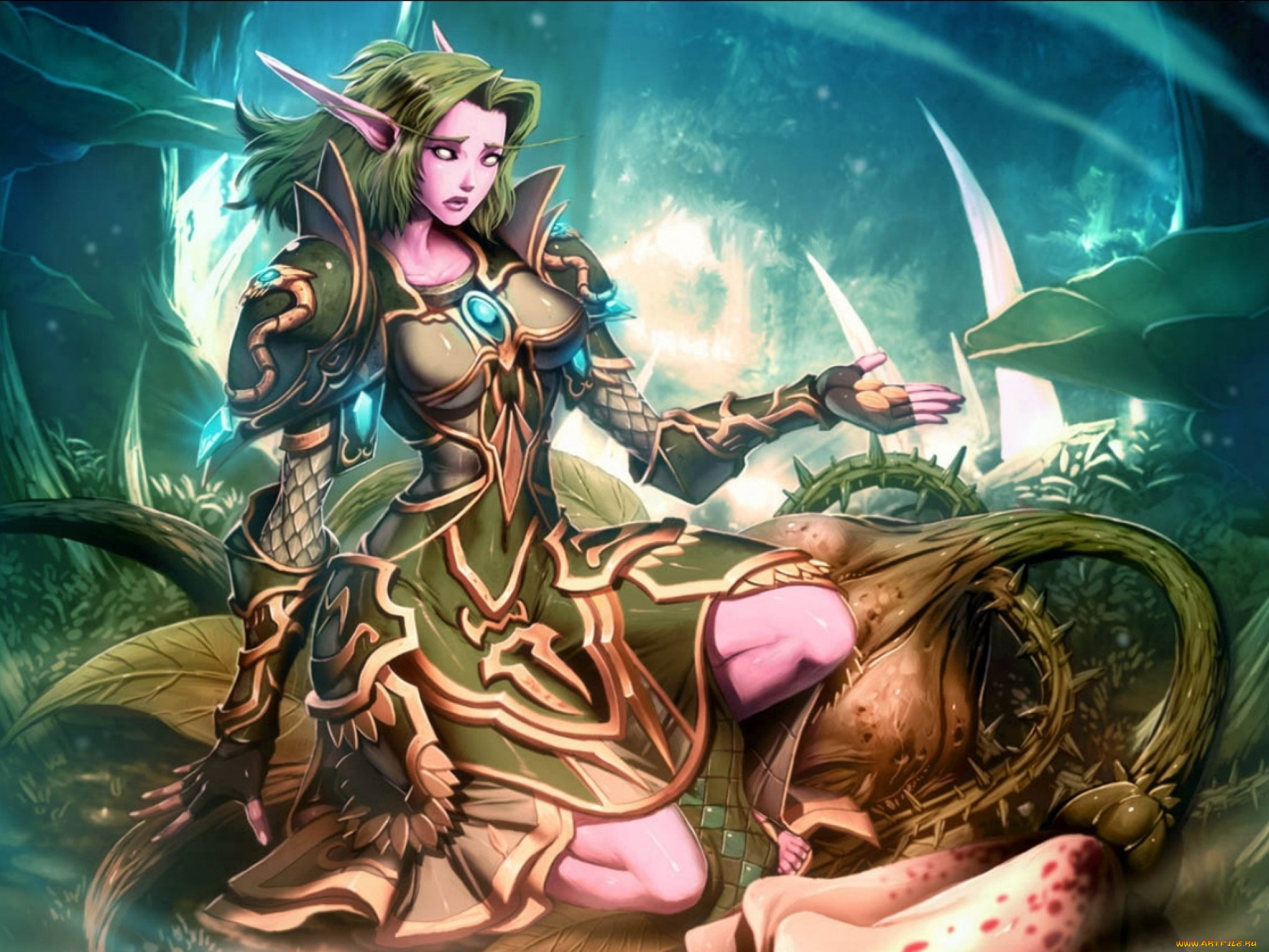 видео, игры, world, of, warcraft, девушка, эльф, растения, шипы