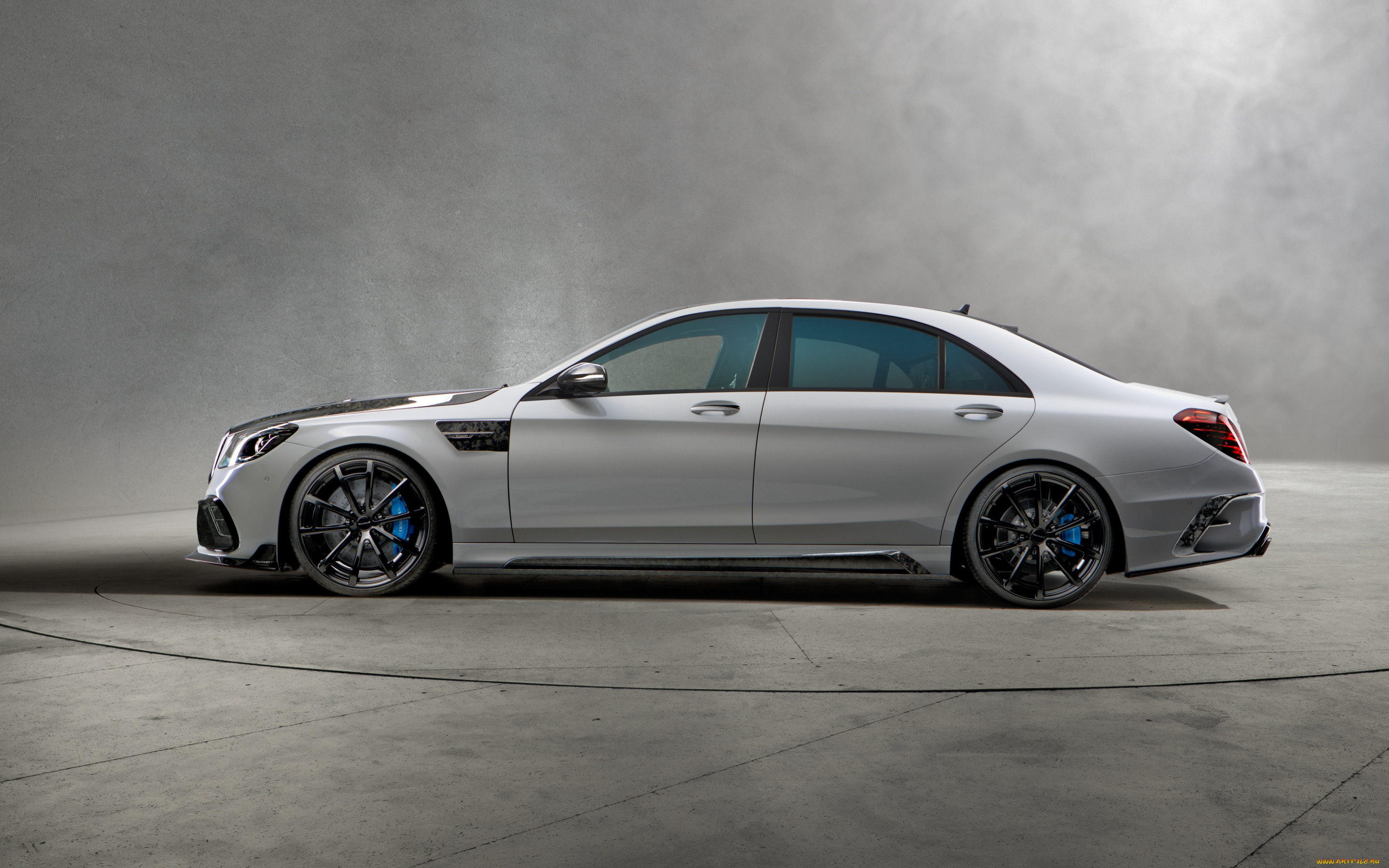 автомобили, mercedes-benz, мercedes, benz, s-class, w222, вид, сбоку, тюнинг, mansory, signature, edition, седан, премиум, класс, новый, серый, черные, колеса, синие, калиперы