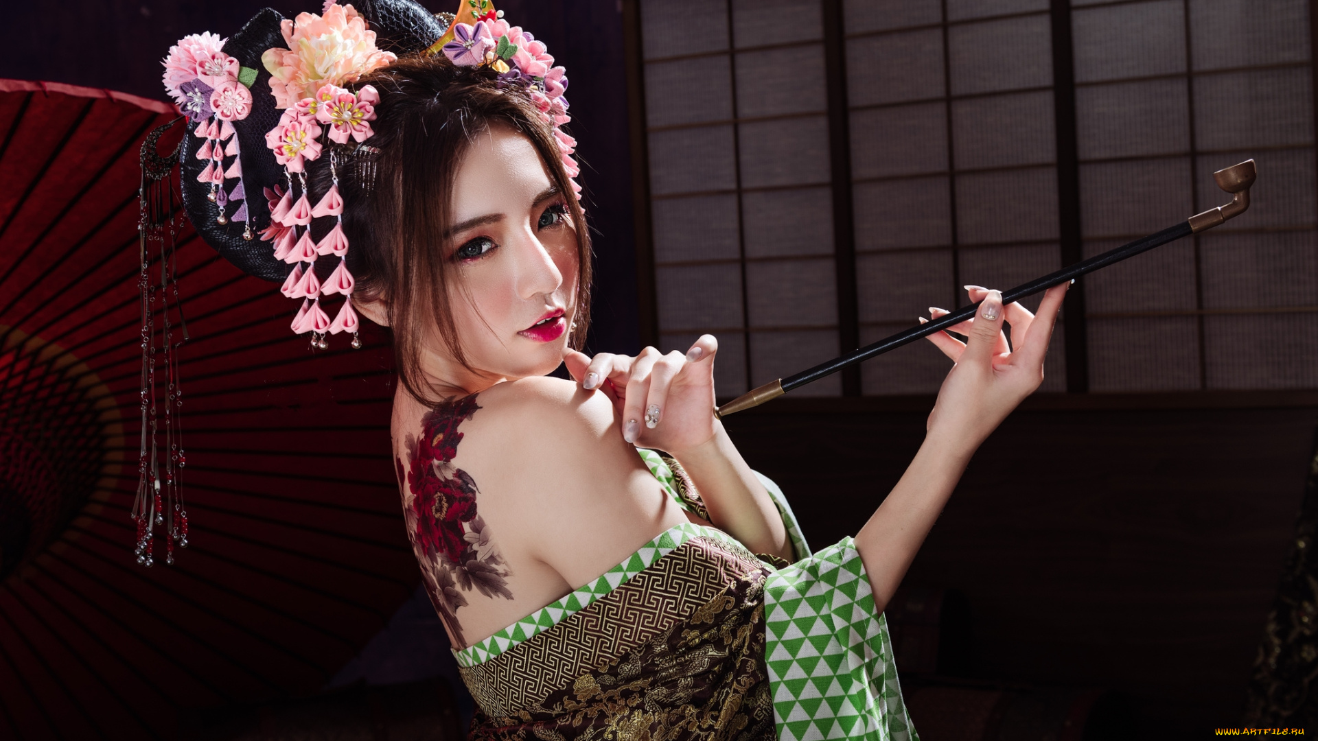 девушки, -, азиатки, украшения, тату, кимоно, трубка