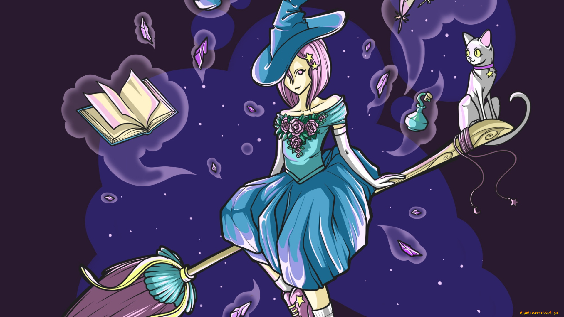 фэнтези, маги, , волшебники, ведьма, метла, кот, книга, перья, флаконы