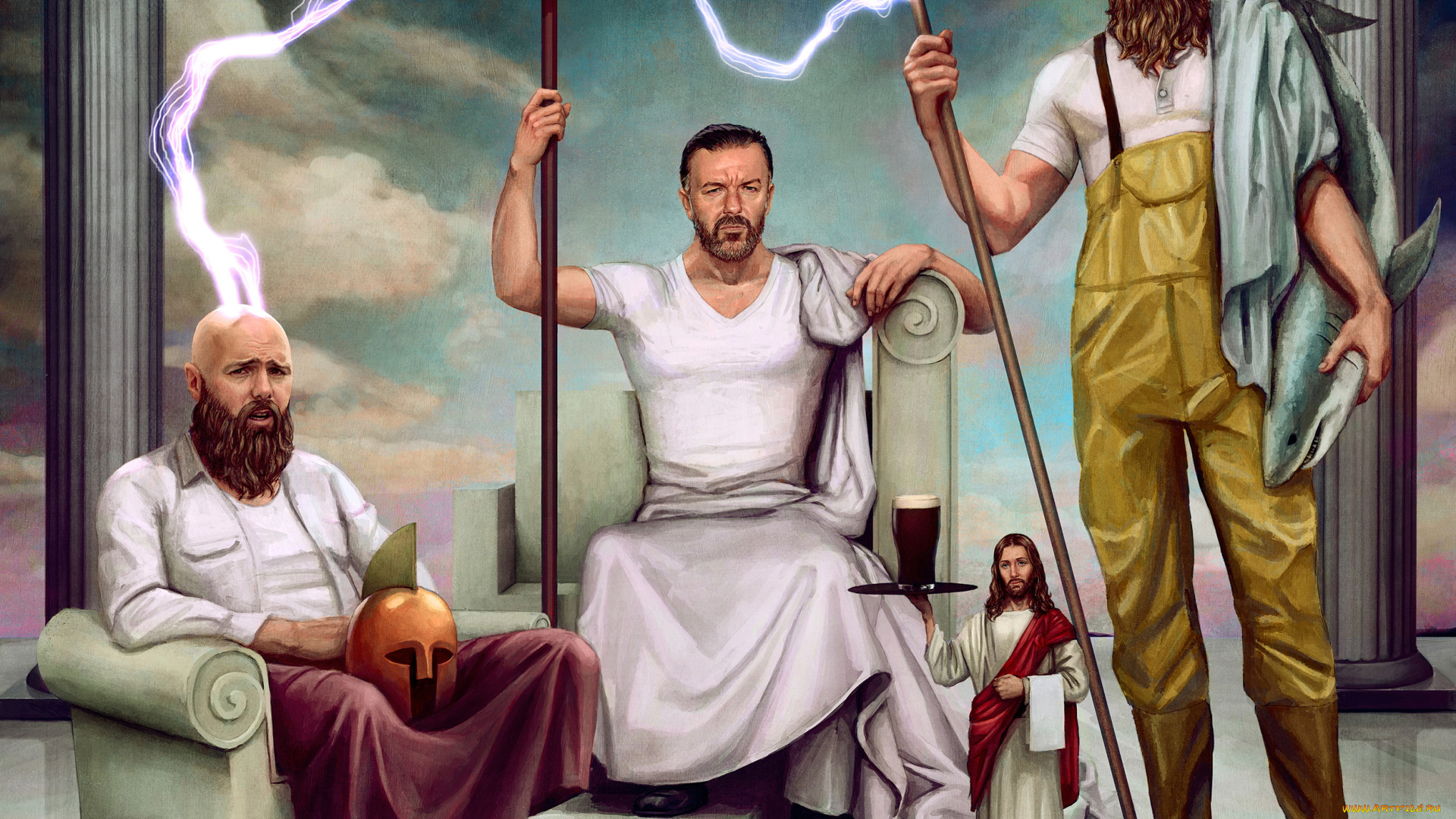 рисованное, комиксы, мужчины, фон, взгляд, трон, трезубец, молния