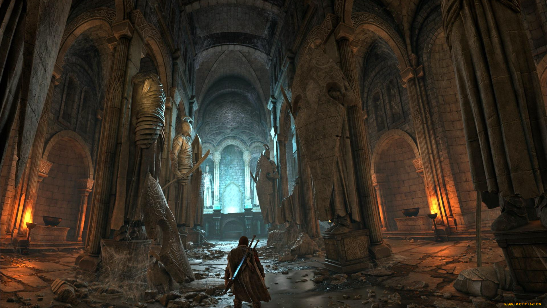 видео, игры, middle-earth, , shadow, of, war, человек, мечи, статуи, развалины, замок