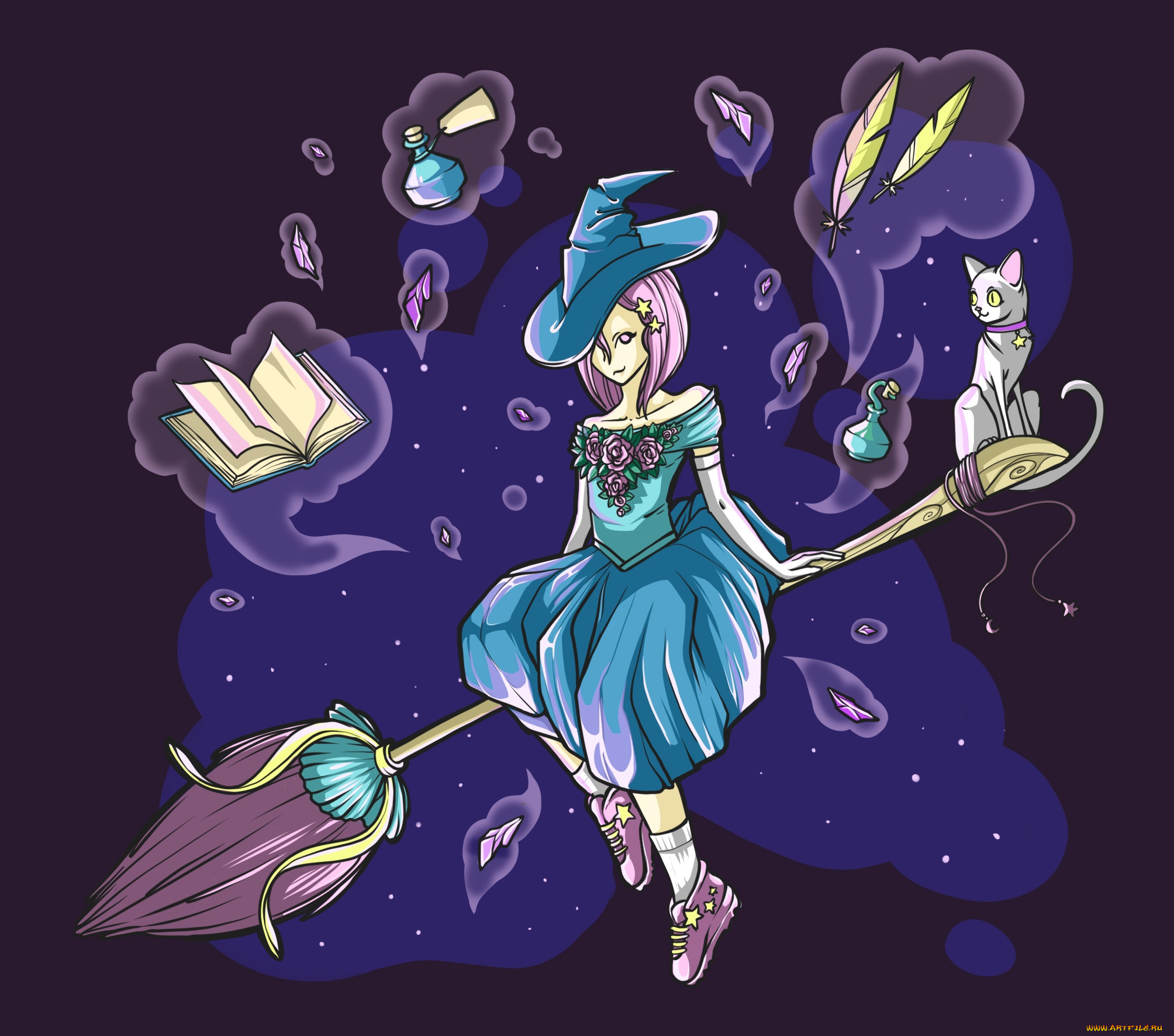 фэнтези, маги, , волшебники, ведьма, метла, кот, книга, перья, флаконы