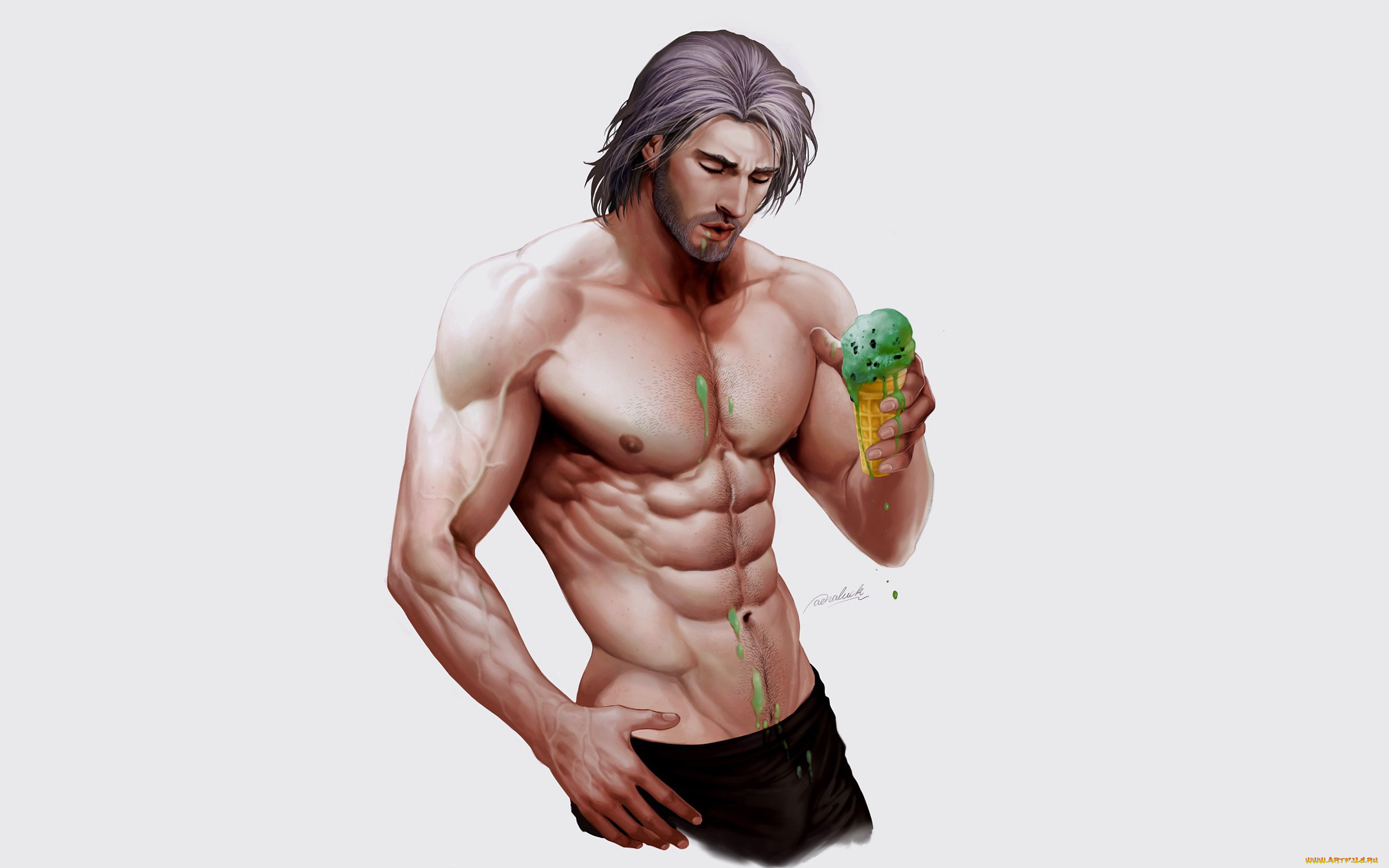 рисованное, aenaluck, мастер, мужчина, торс, мороженое