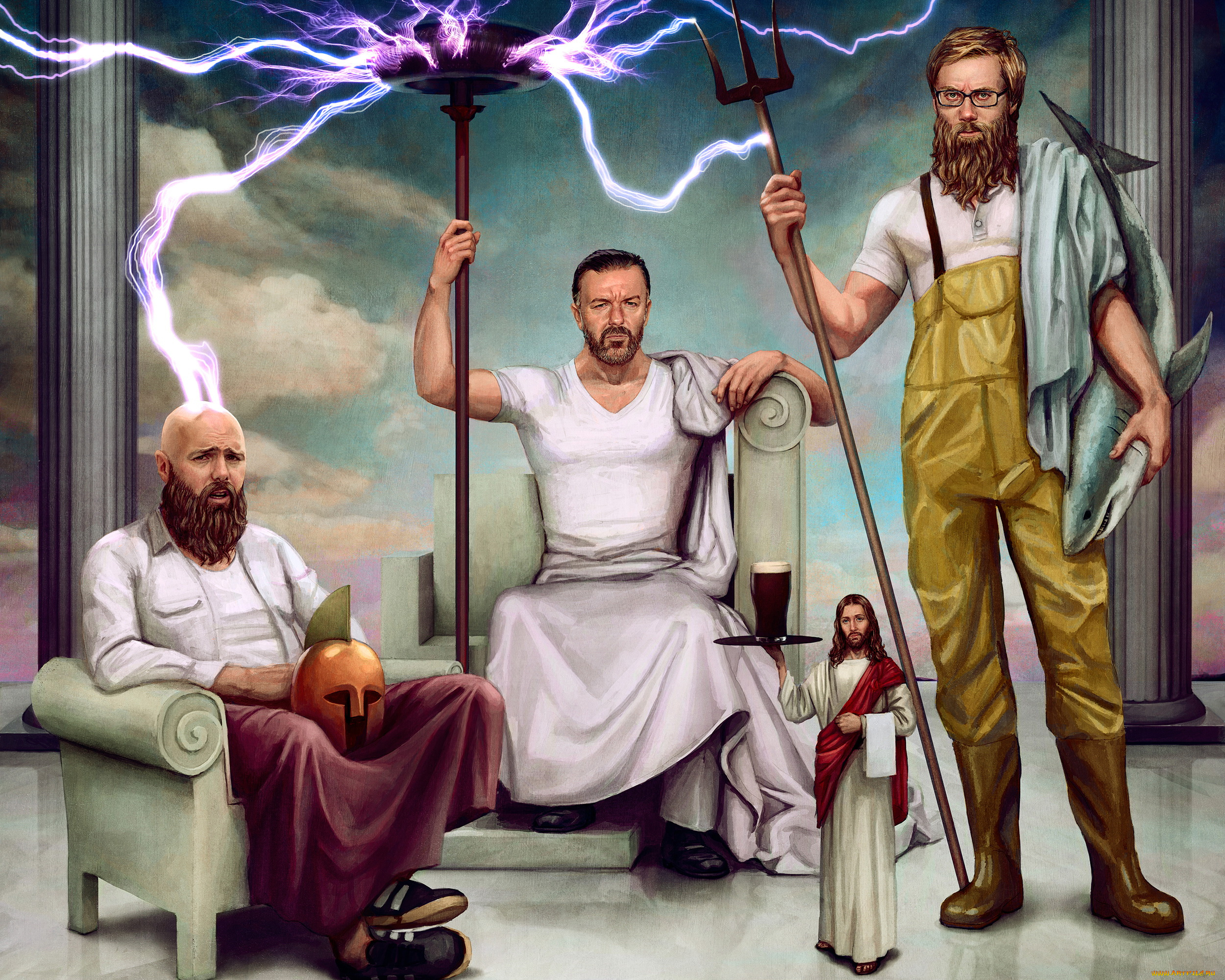 рисованное, комиксы, мужчины, фон, взгляд, трон, трезубец, молния