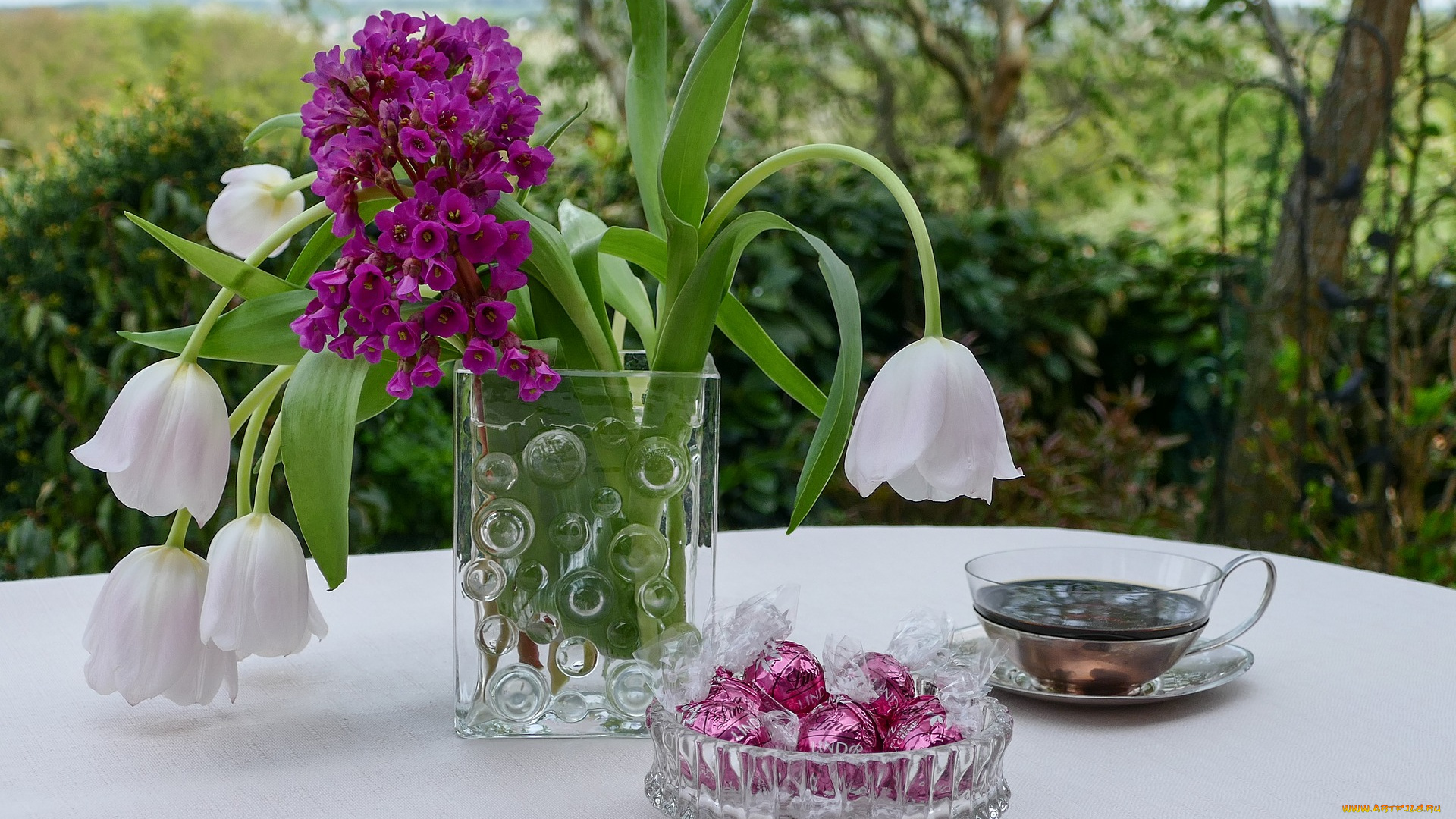 еда, конфеты, , шоколад, , мармелад, , сладости, букет, тюльпаны, кофе