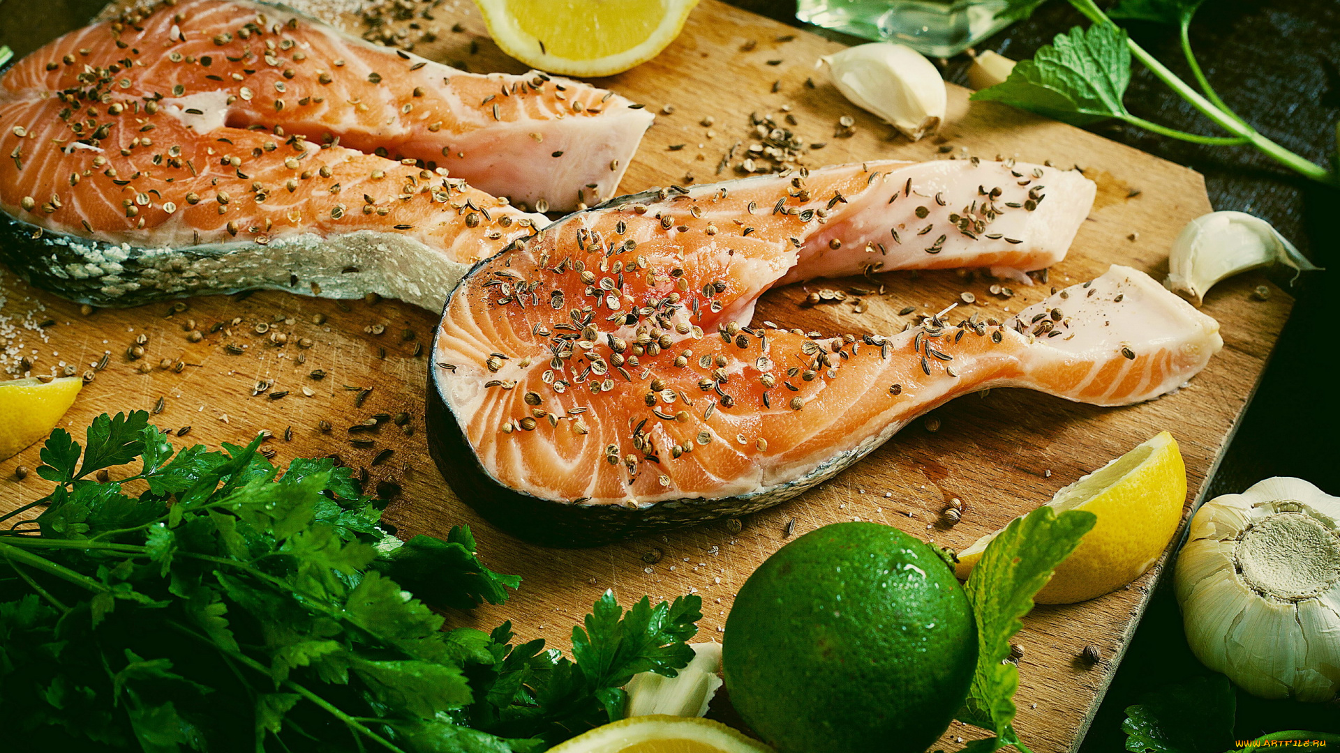 еда, рыба, , морепродукты, , суши, , роллы, чеснок, лимон, лайм, петрушка, форель