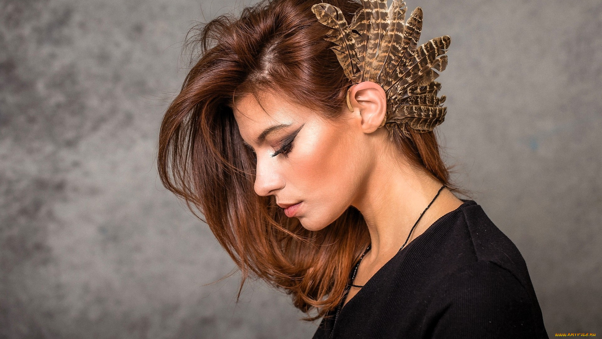 девушки, -, лица, , портреты, шатенка, лицо, перья