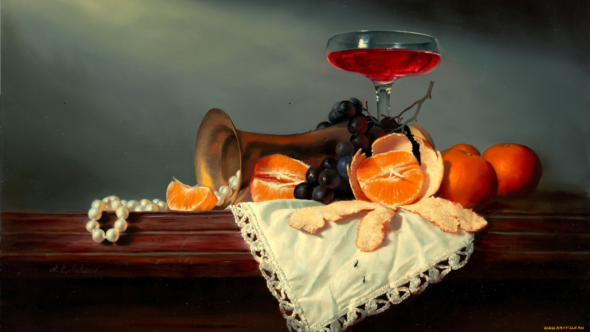 рисованное, алексей, антонов, натюрморт, апельсины, бусы, салфетка