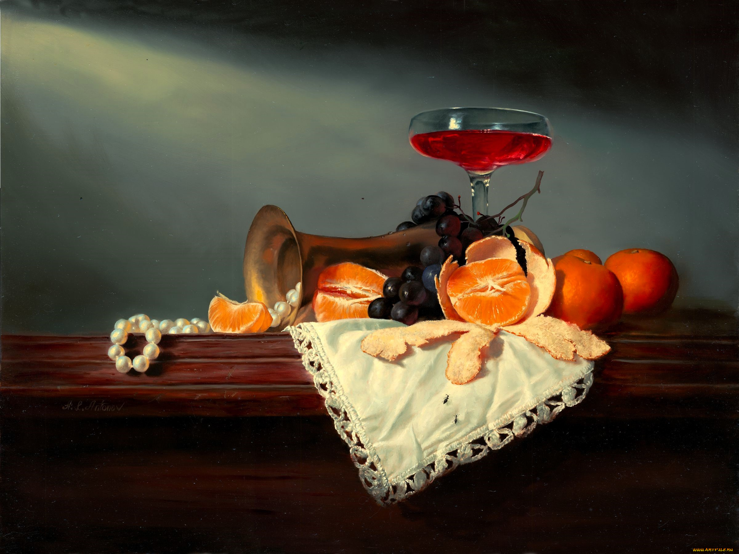 рисованное, алексей, антонов, натюрморт, апельсины, бусы, салфетка
