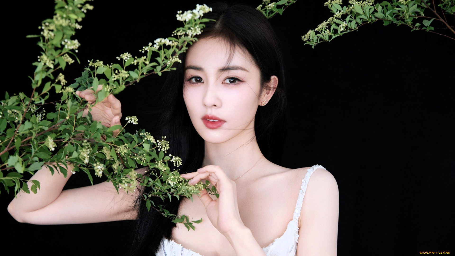 bai, lu, девушки, -, азиатки, брюнетка, азиатка, платье, ветки, цветение