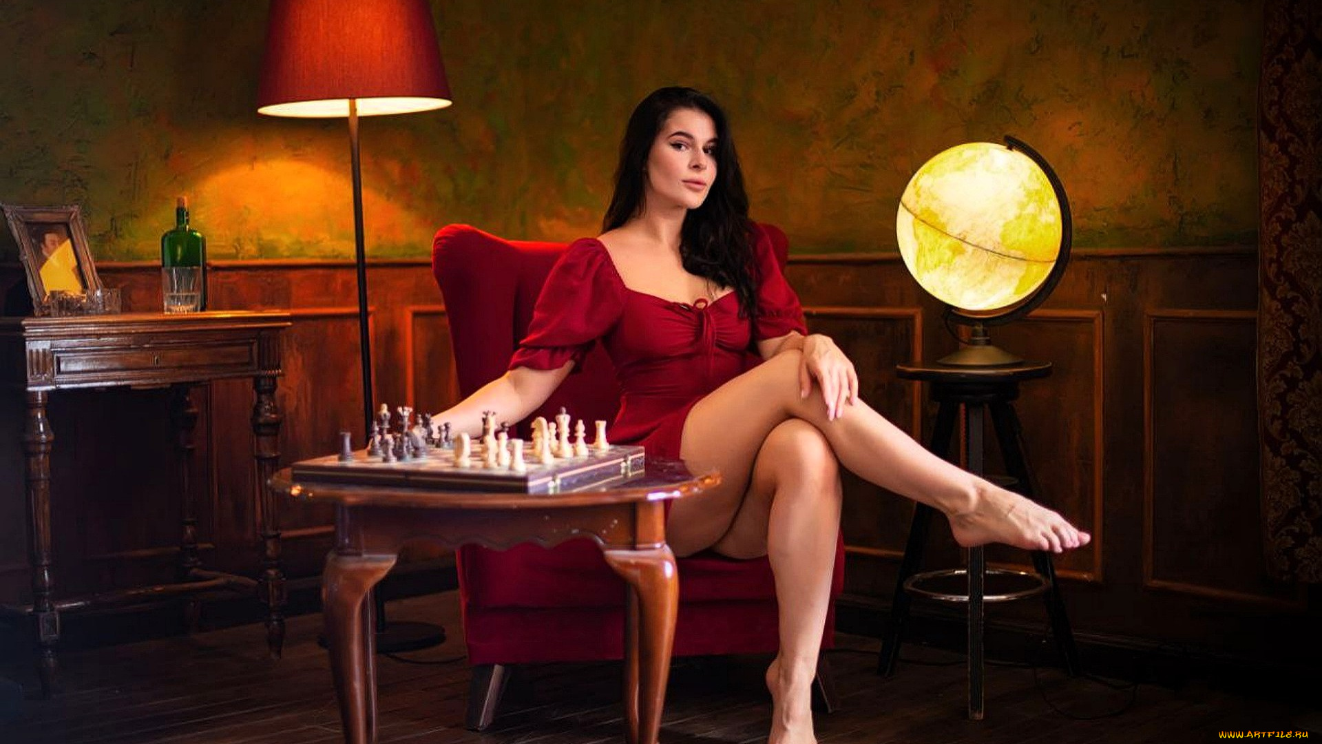 девушки, -, брюнетки, , шатенки, брюнетка, платье, торшер, стол, шахматы, доска, кресло