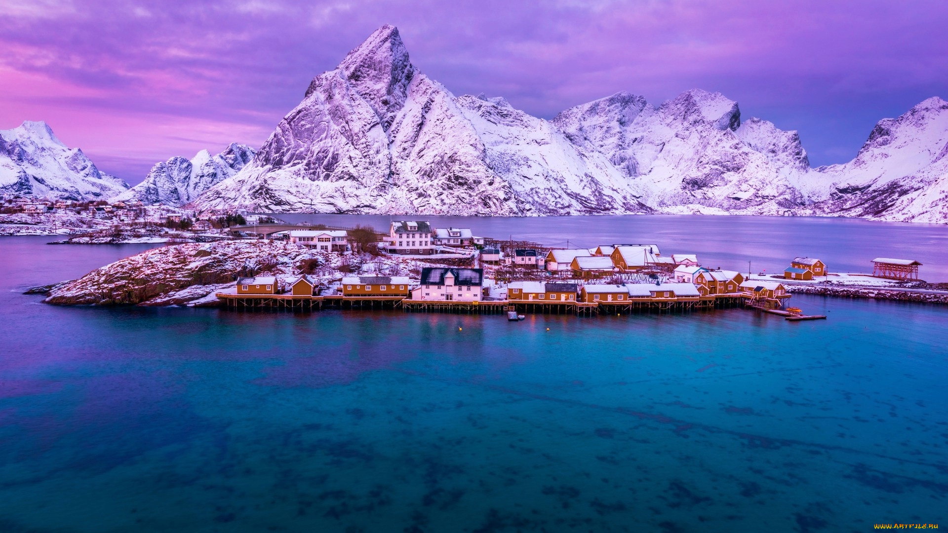 города, лофотенские, острова, , норвегия, горы, фьорд, зима, дома