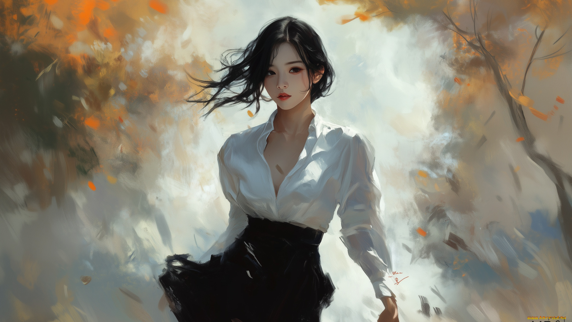 рисованное, люди, осень, девушка, азиатка, нейросеть, mrs