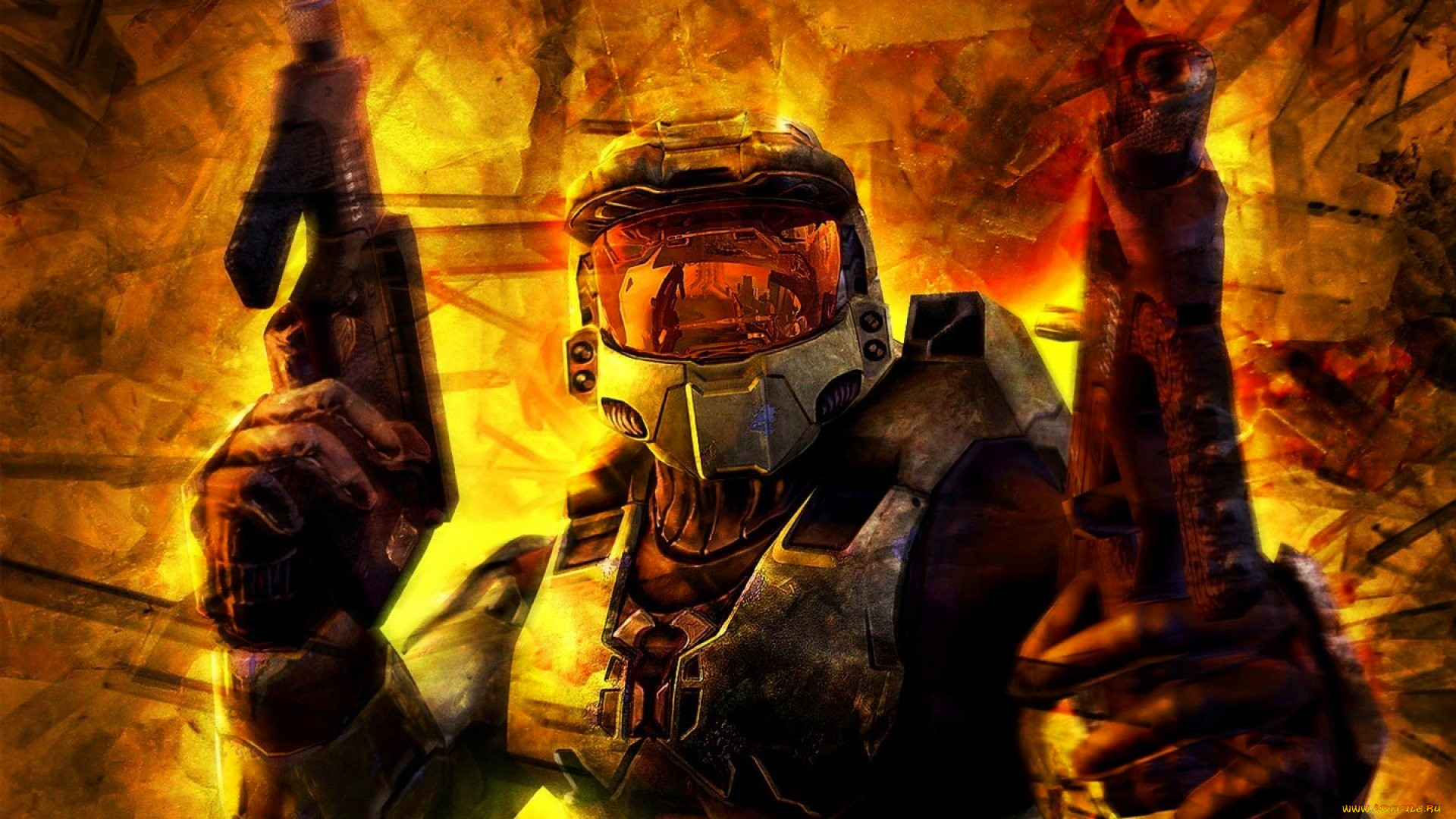 видео, игры, halo, 2, воин, шлем, доспехи, оружие, огонь