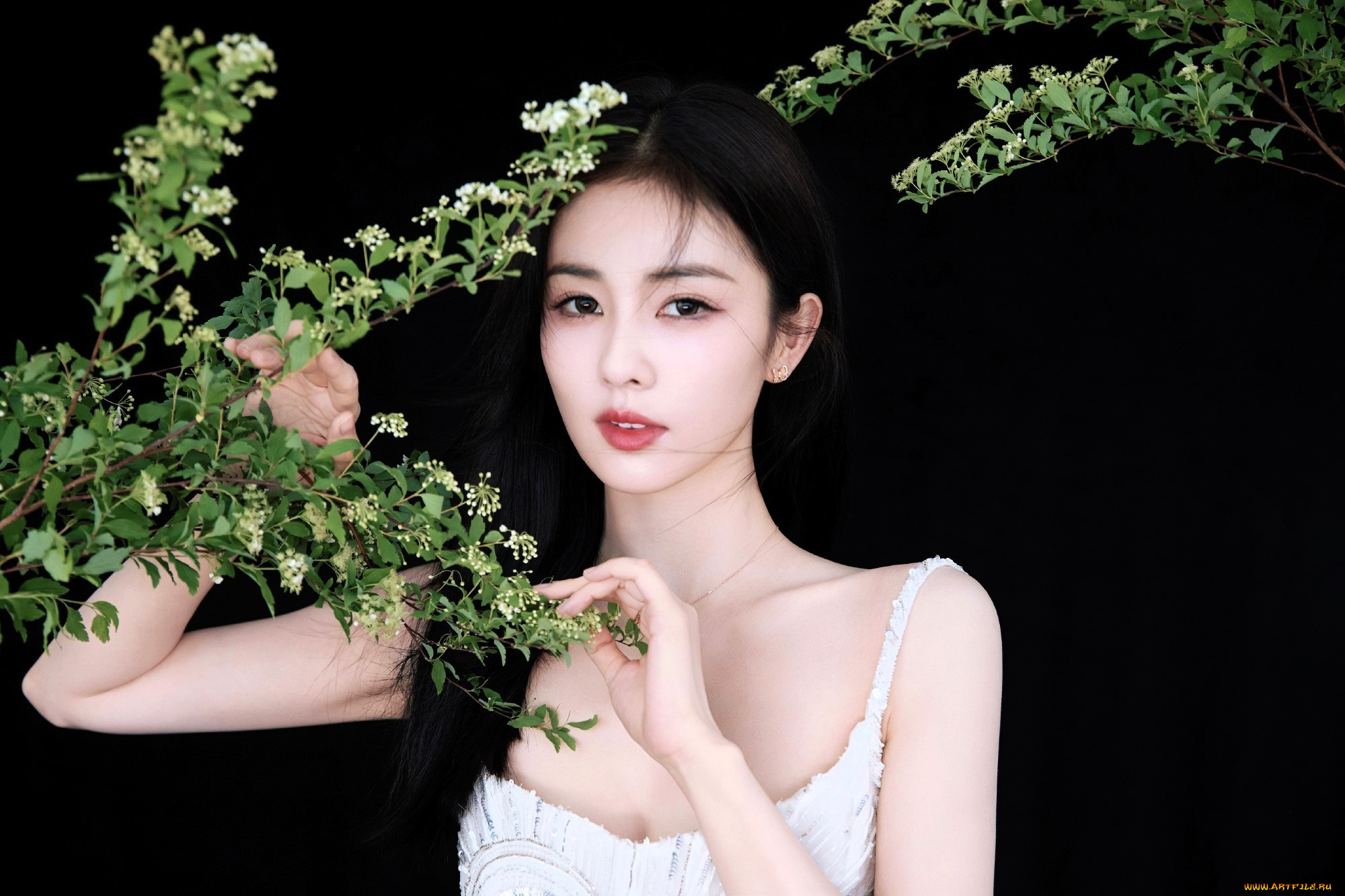 bai, lu, девушки, -, азиатки, брюнетка, азиатка, платье, ветки, цветение