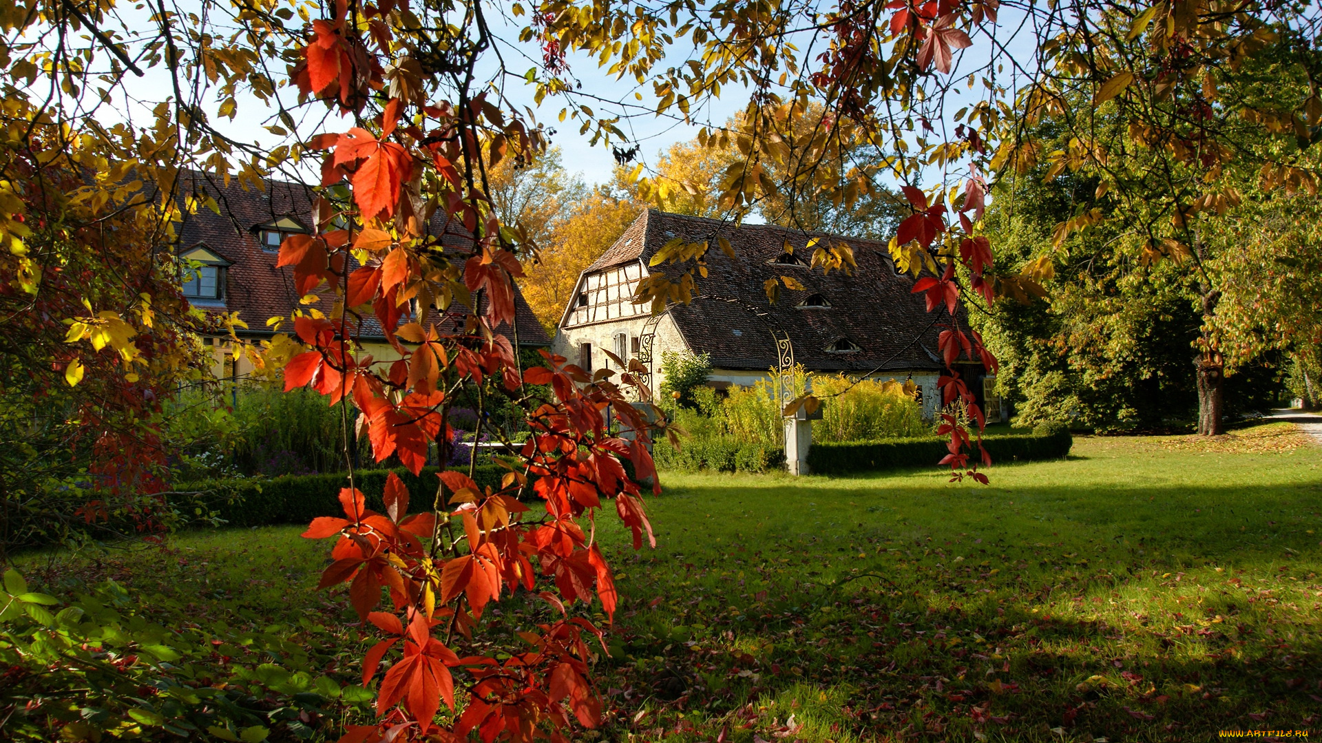 разное, сооружения, постройки, деревья, вилла, листья, ветка, лужайка