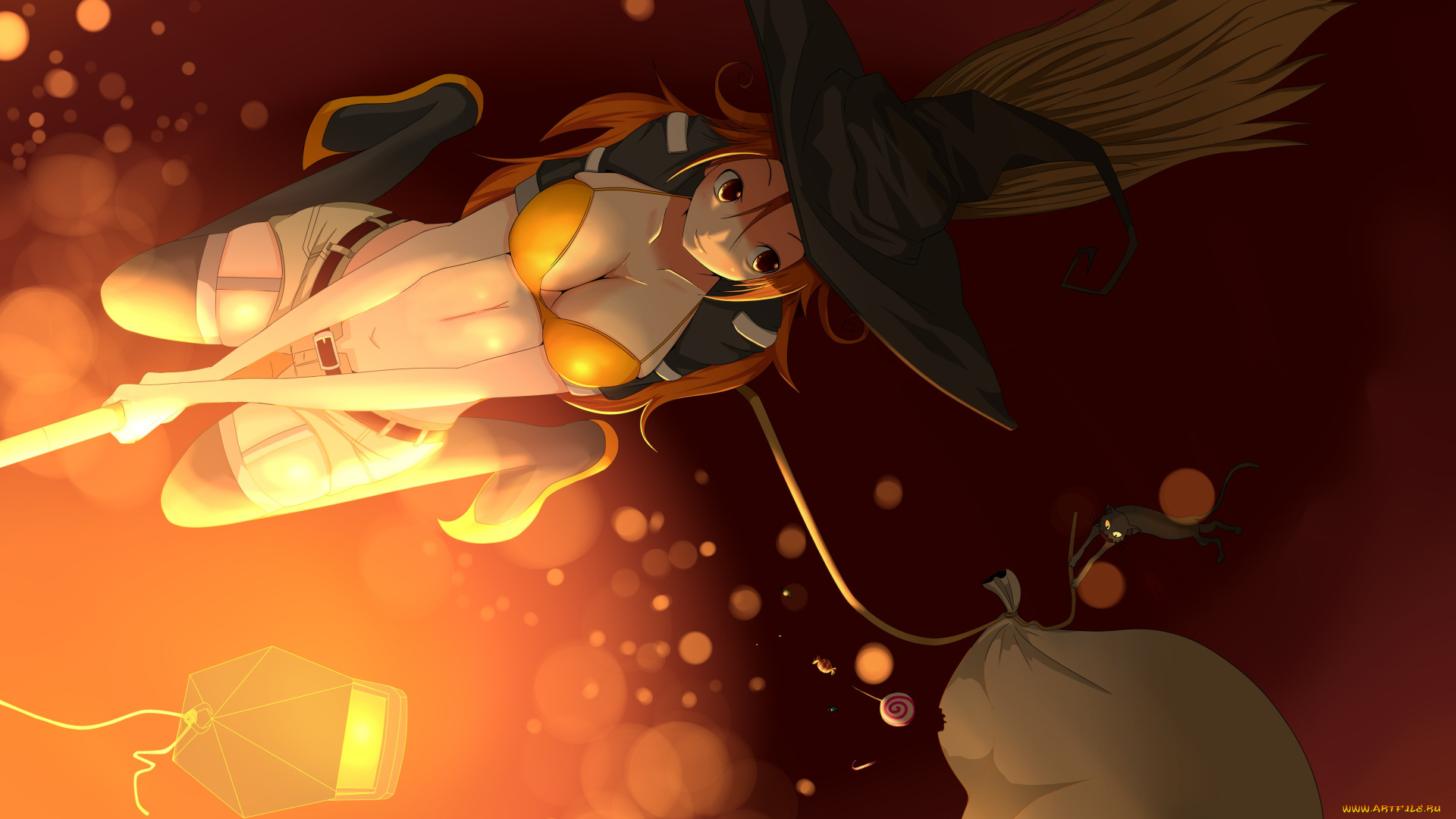 аниме, halloween, magic, девушка, ведьма, метла, шляпа, кот, мешок, сладости