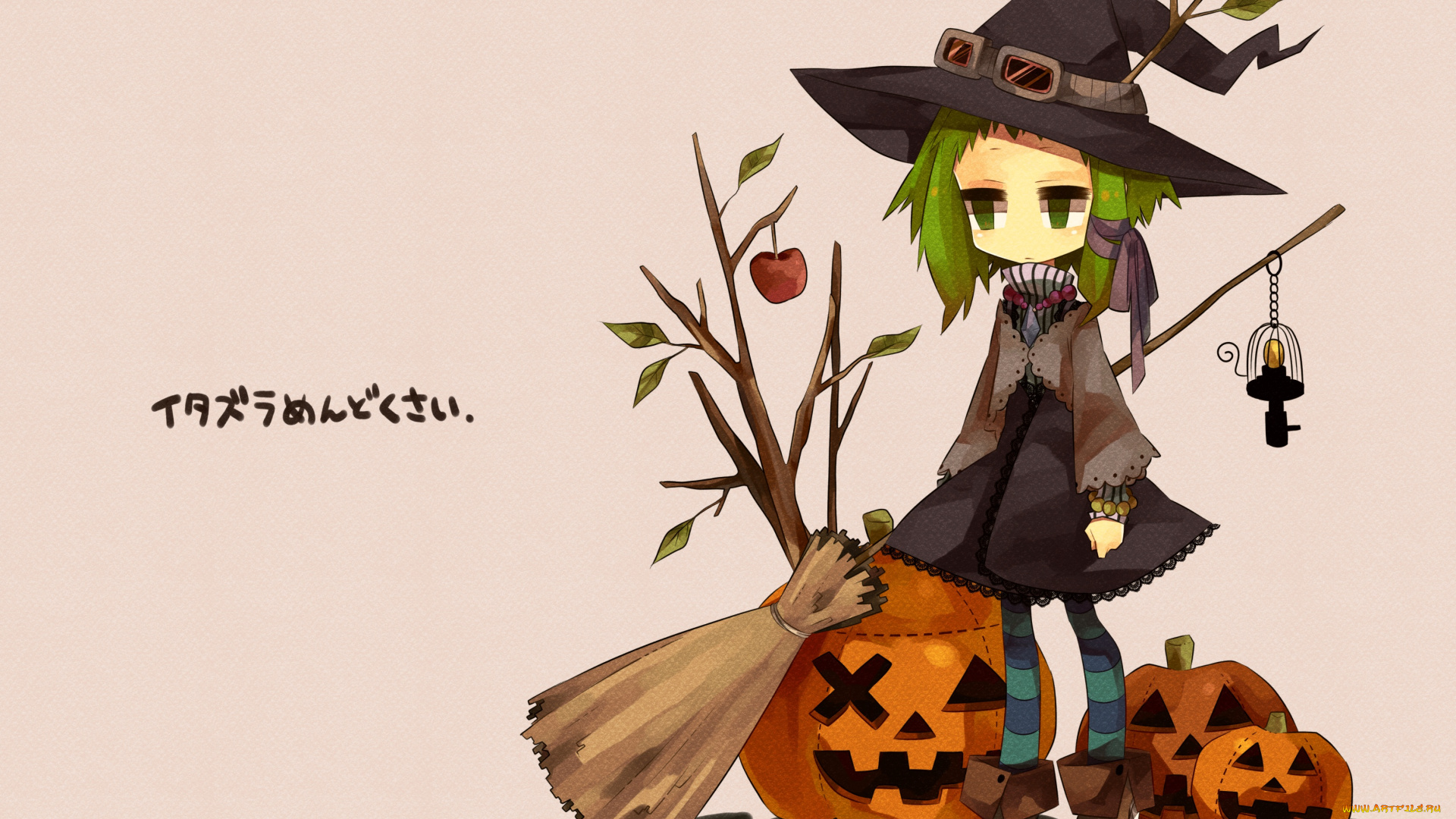 аниме, vocaloid, gumi, ведьма, метла, тыква, шляпа
