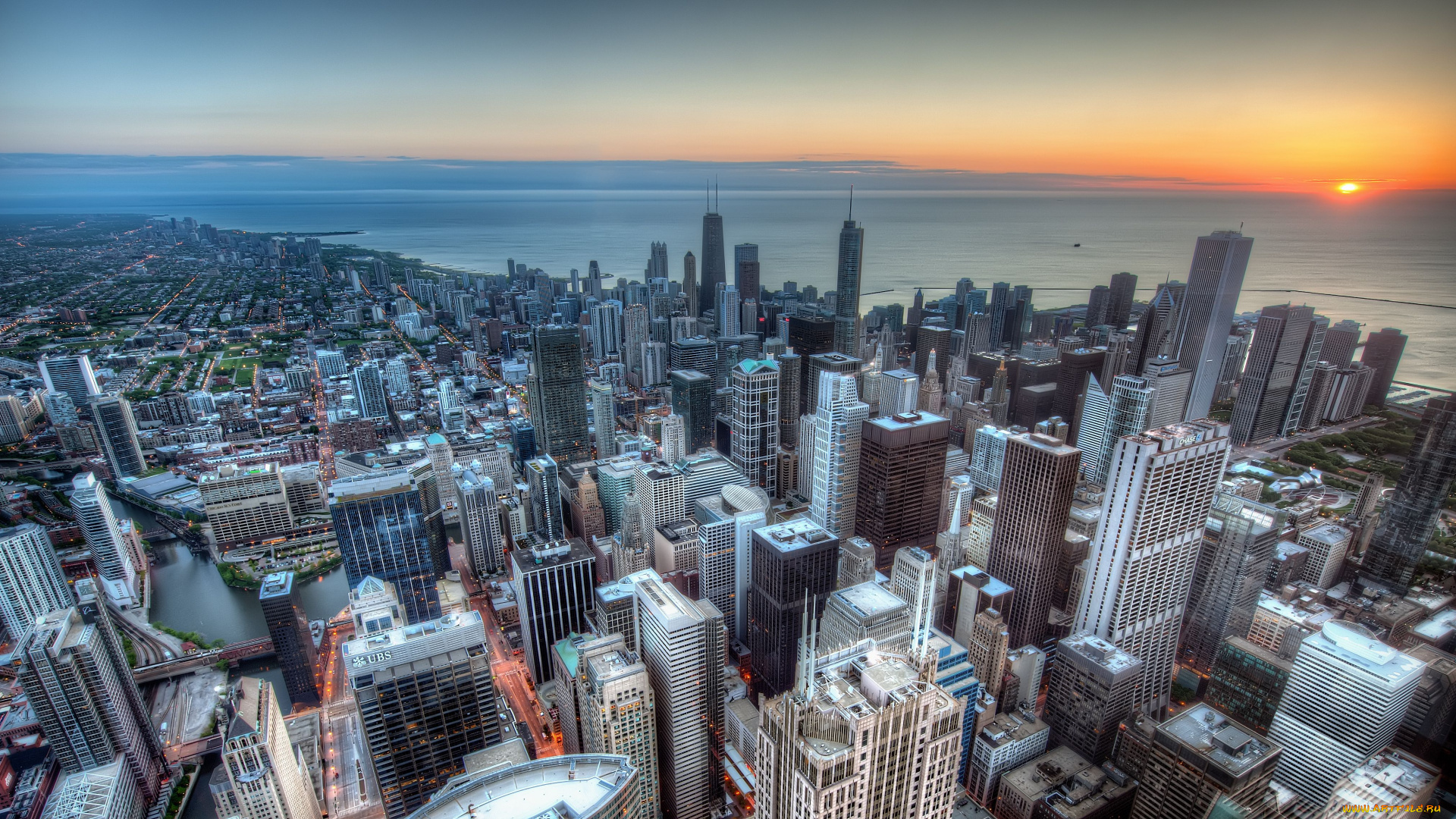 chicago, города, Чикаго, сша, небоскрёбы, здания, панорама, побережье, закат