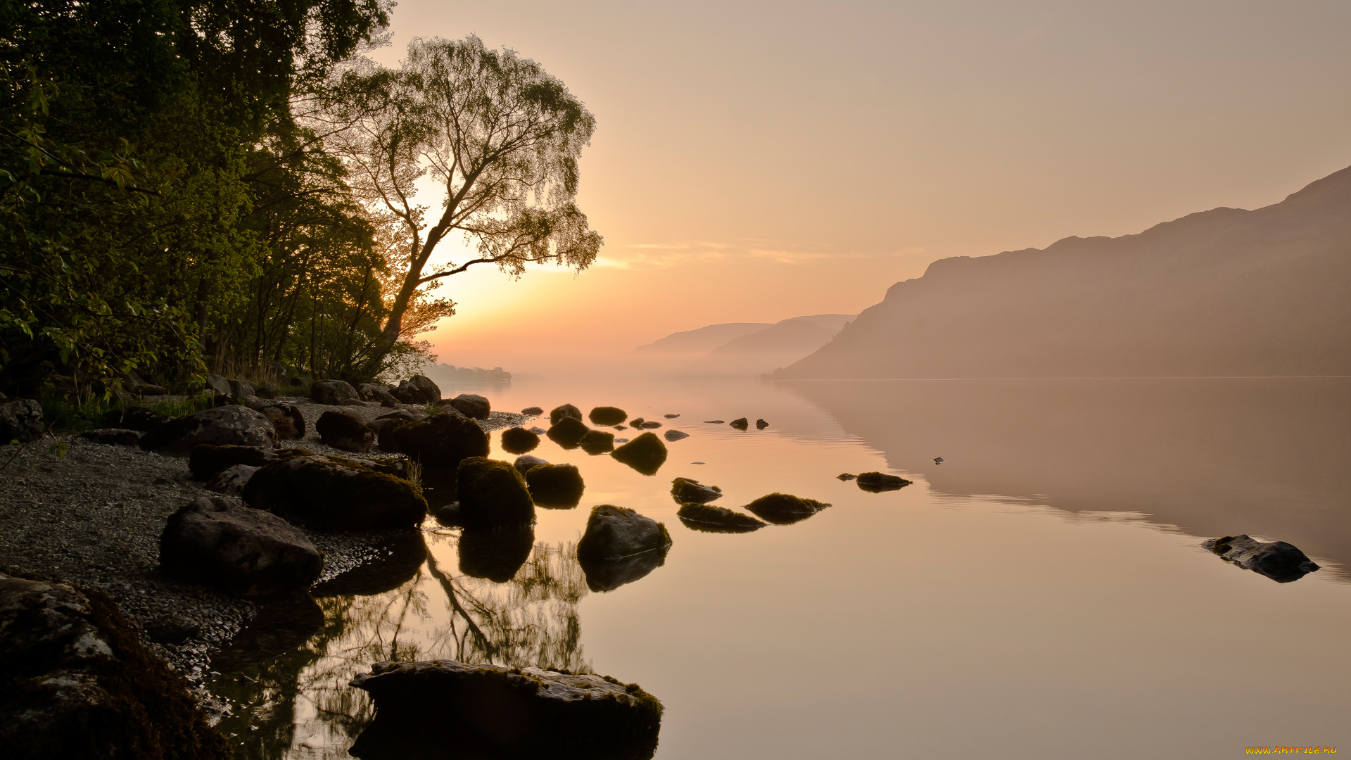 природа, реки, озера, горы, утро, восход, деревья, камни, река