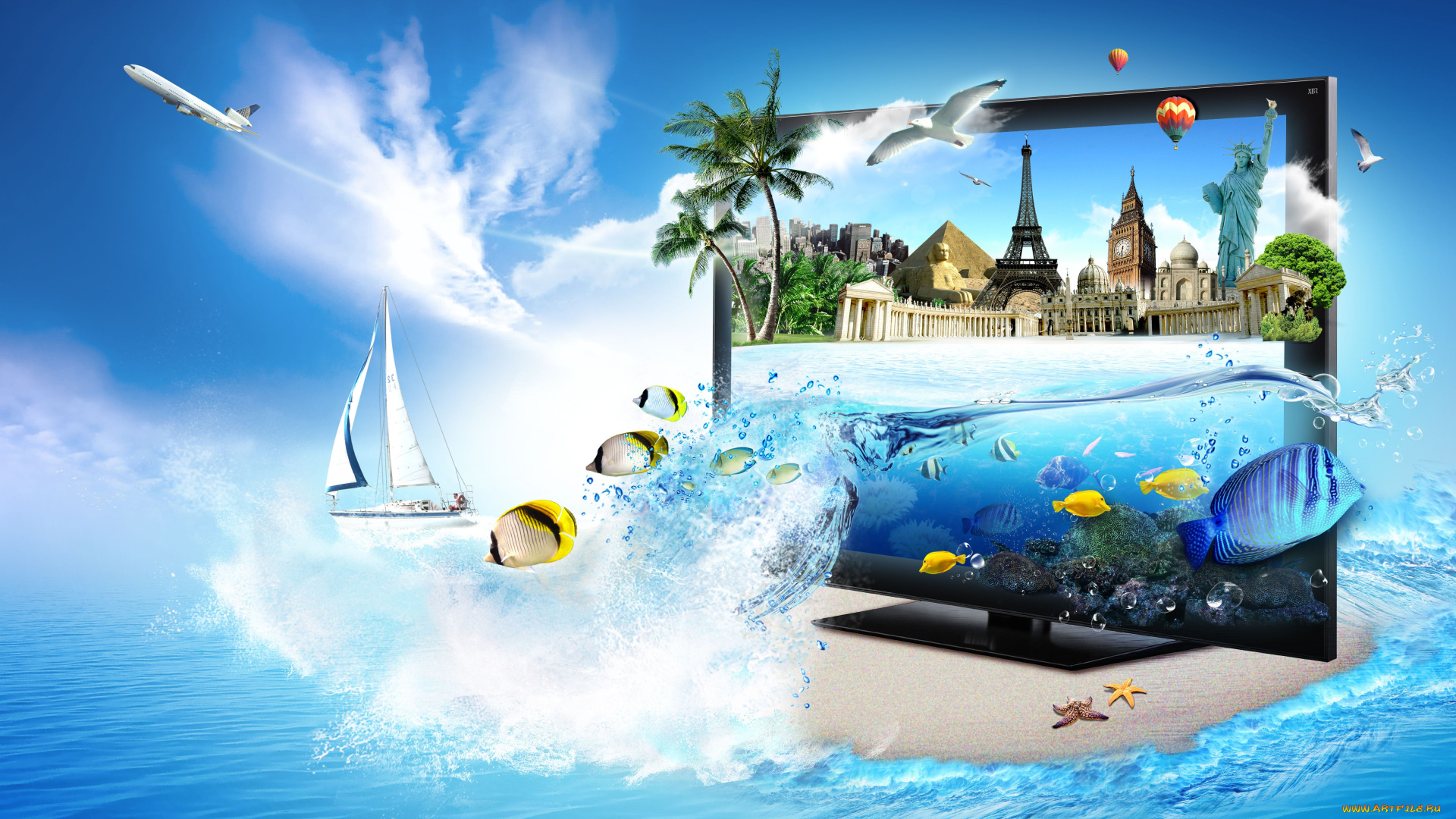 разное, компьютерный, дизайн, монитор, чайки, рыбы, море, самолёт, эйфелева, башня, статуя, свободы, пирамида, яхта, тадж, махал, биг, бен